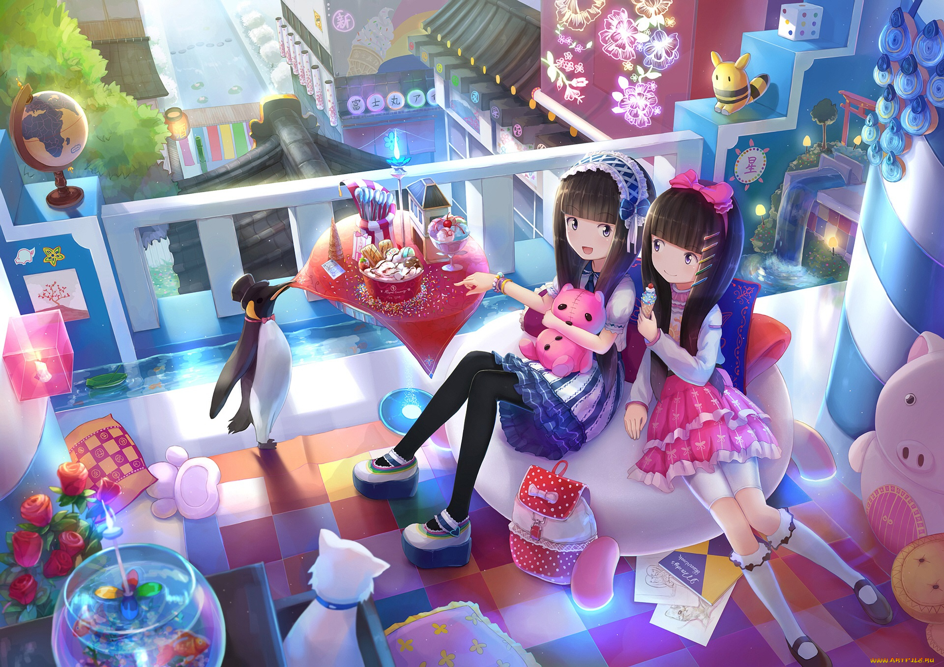 аниме, город, , улицы, , интерьер, , здания, девушки