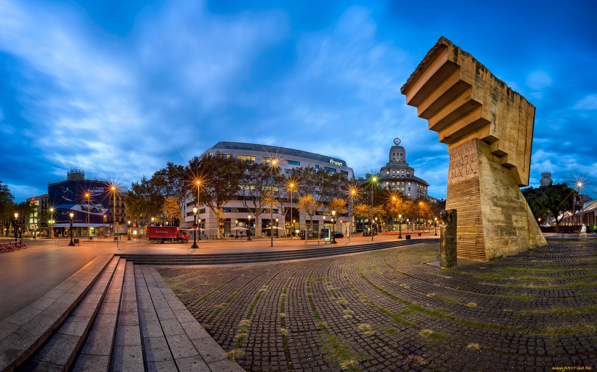 города, барселона, , испания, огни, вечер, площадь