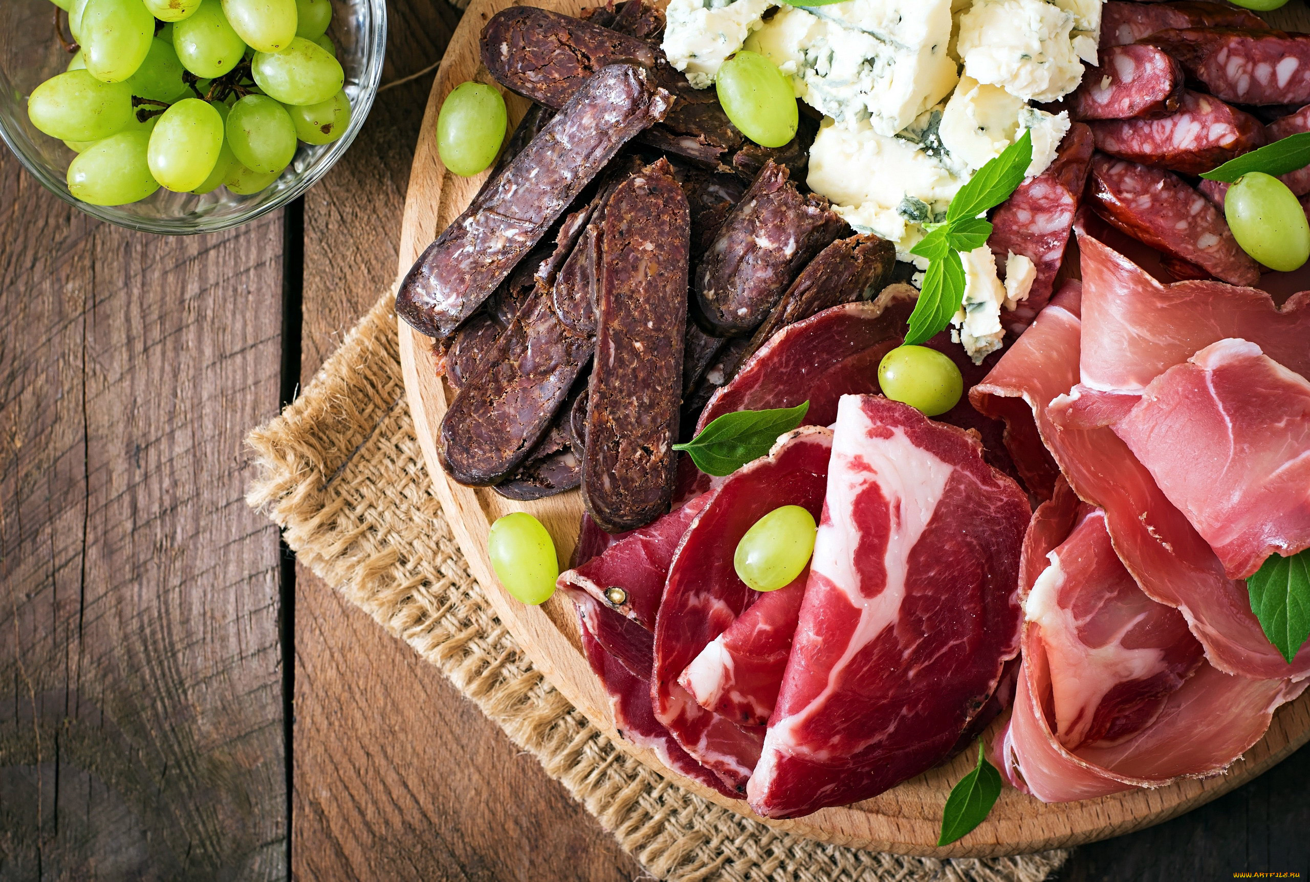 еда, колбасные, изделия, колбаса, ассорти, виноград
