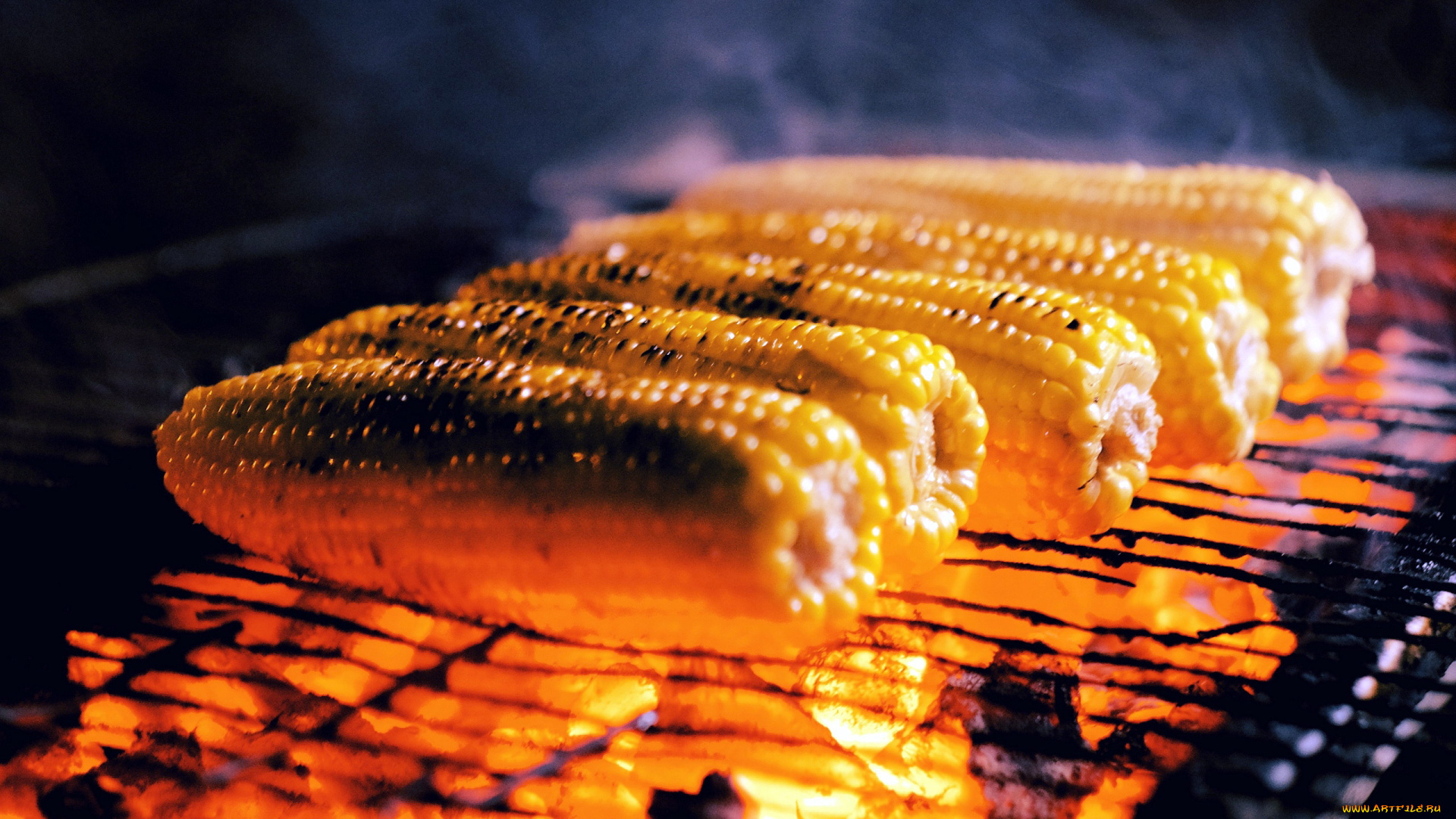 еда, кукуруза, гриль, огонь, початки