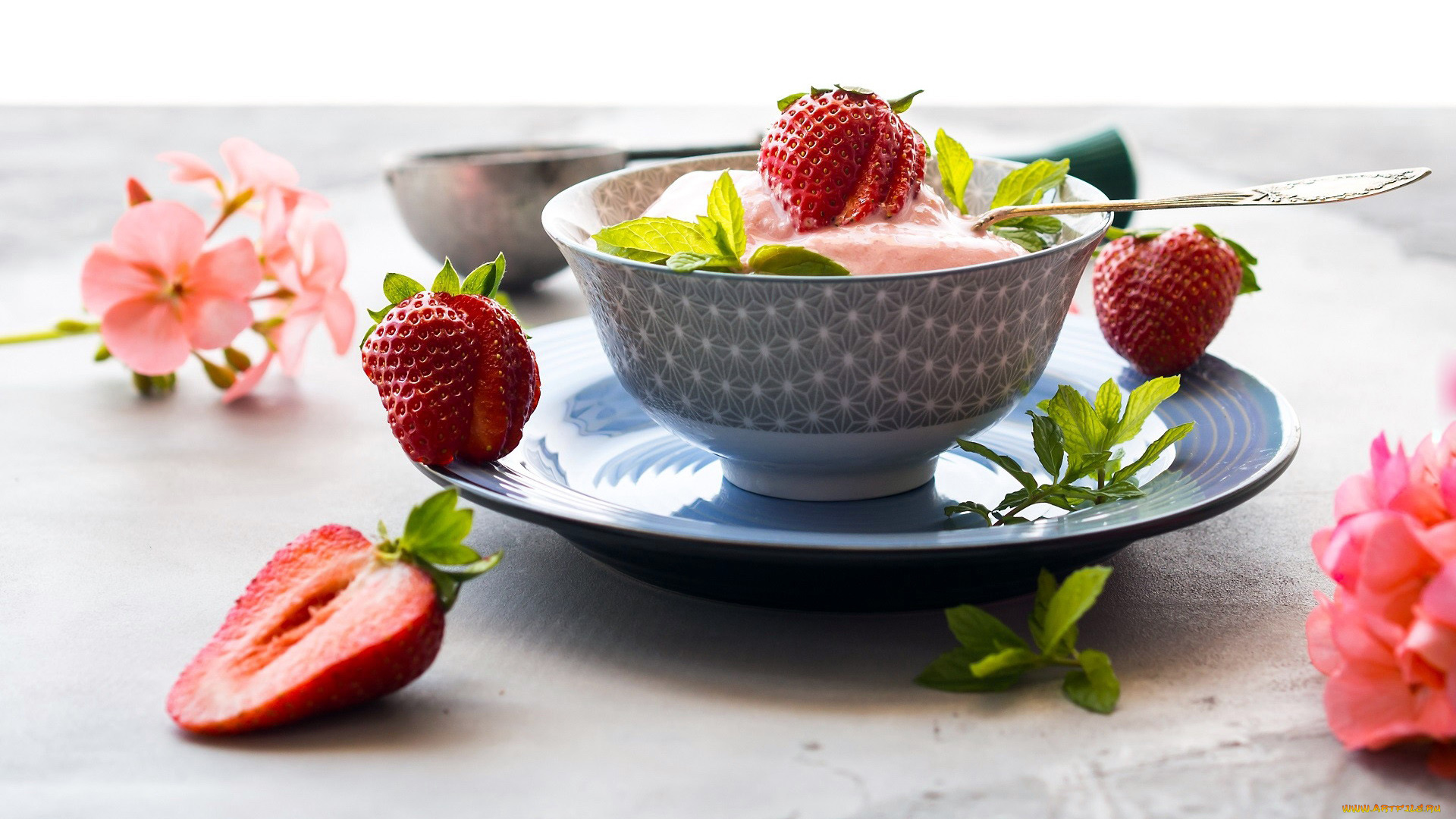 еда, мороженое, , десерты, мята, клубника