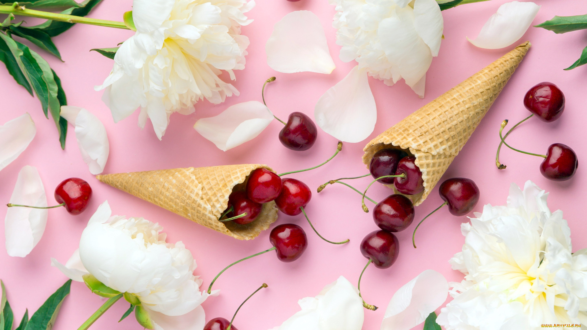 еда, вишня, , черешня, рожок, вафельный, пионы