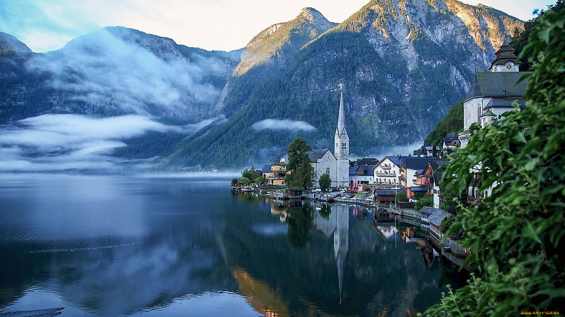 города, гальштат, , австрия, туман, озеро, горы