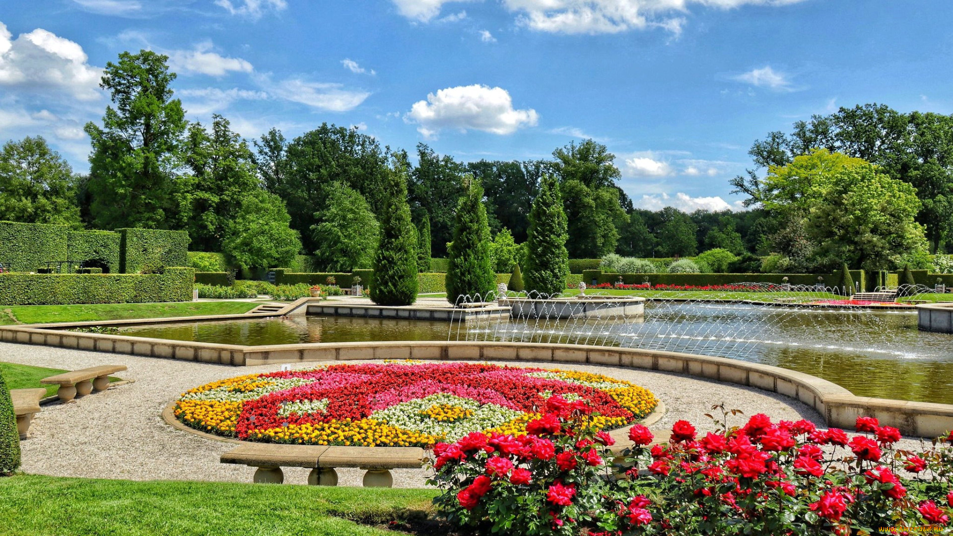 природа, парк, цветы, клумбы, фонтан, аллеи