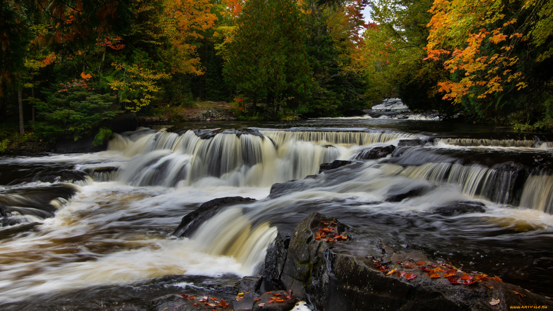 природа, реки, озера, лес, каскад, мичиган, река, осень, водопад