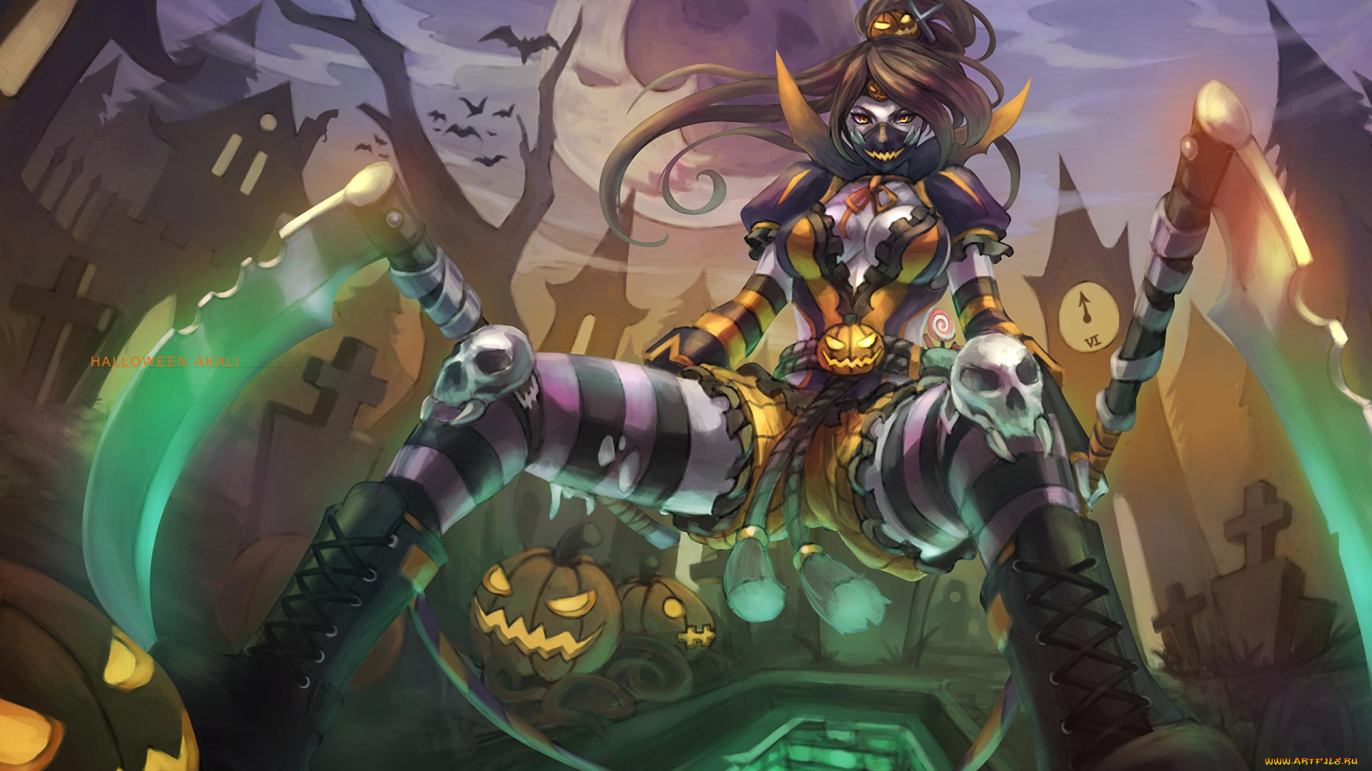 видео, игры, league, of, legends, кладбище, костюм, косы, акали, хэллоуин