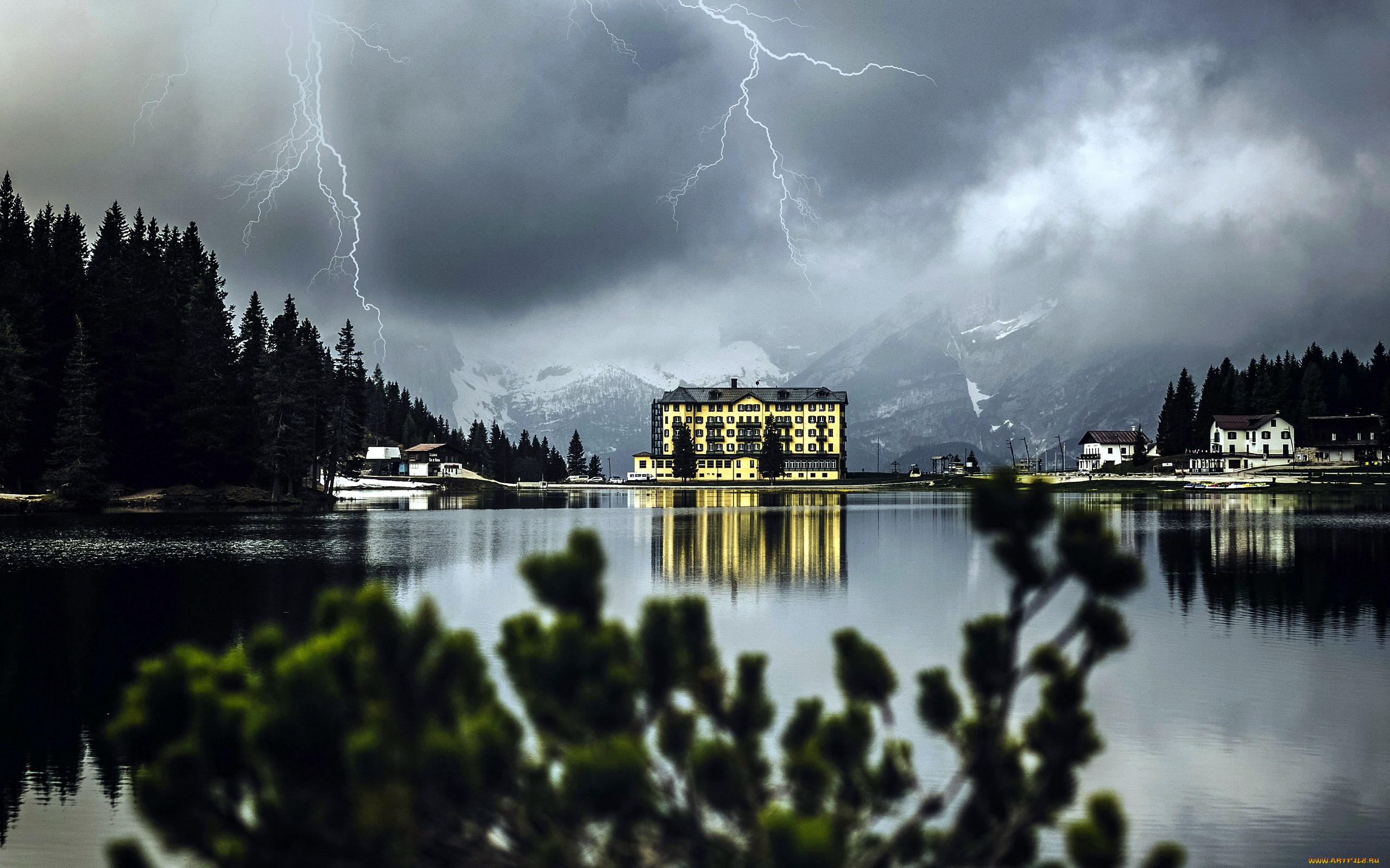города, -, пейзажи, молнии, озеро