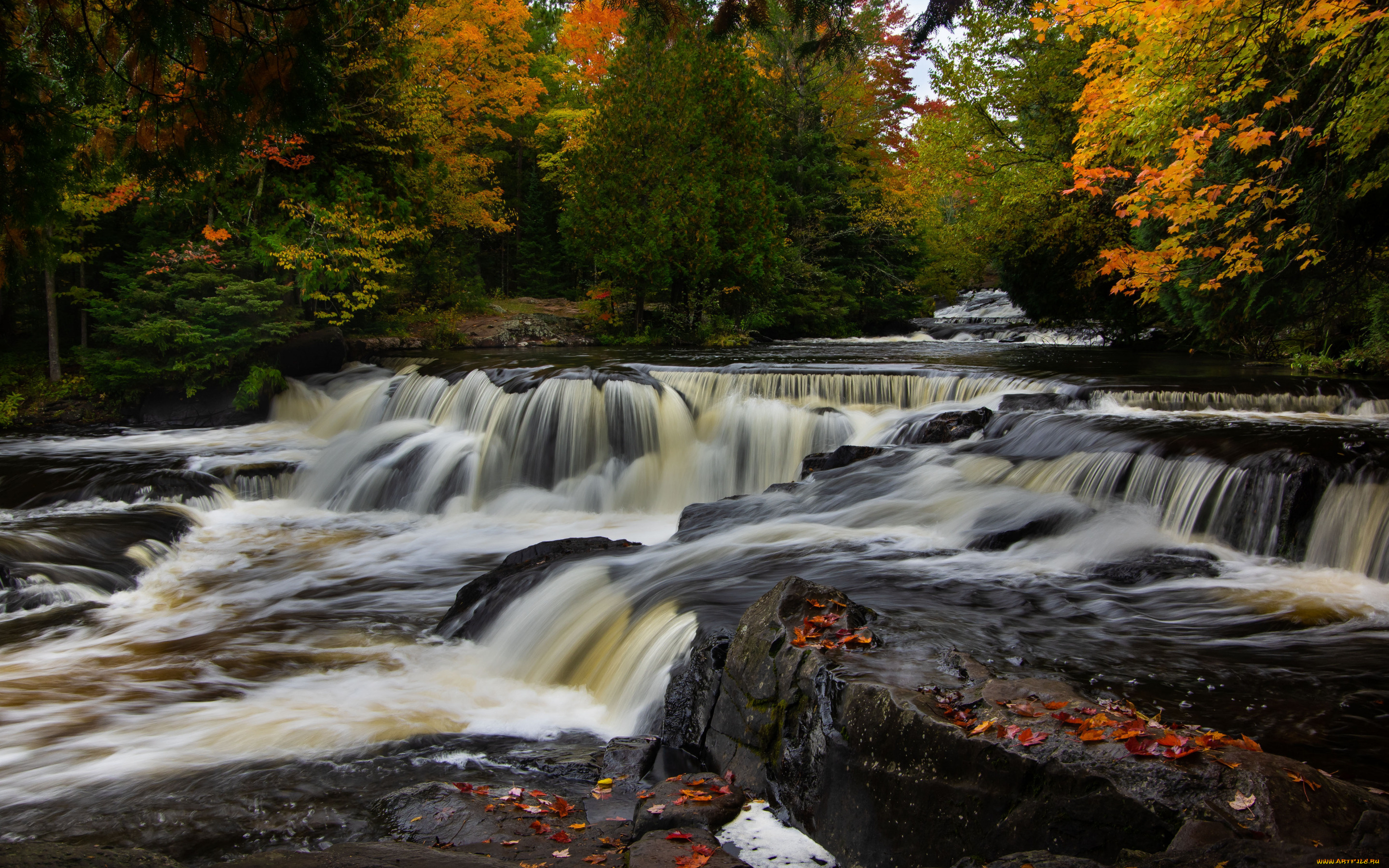 природа, реки, озера, лес, каскад, мичиган, река, осень, водопад