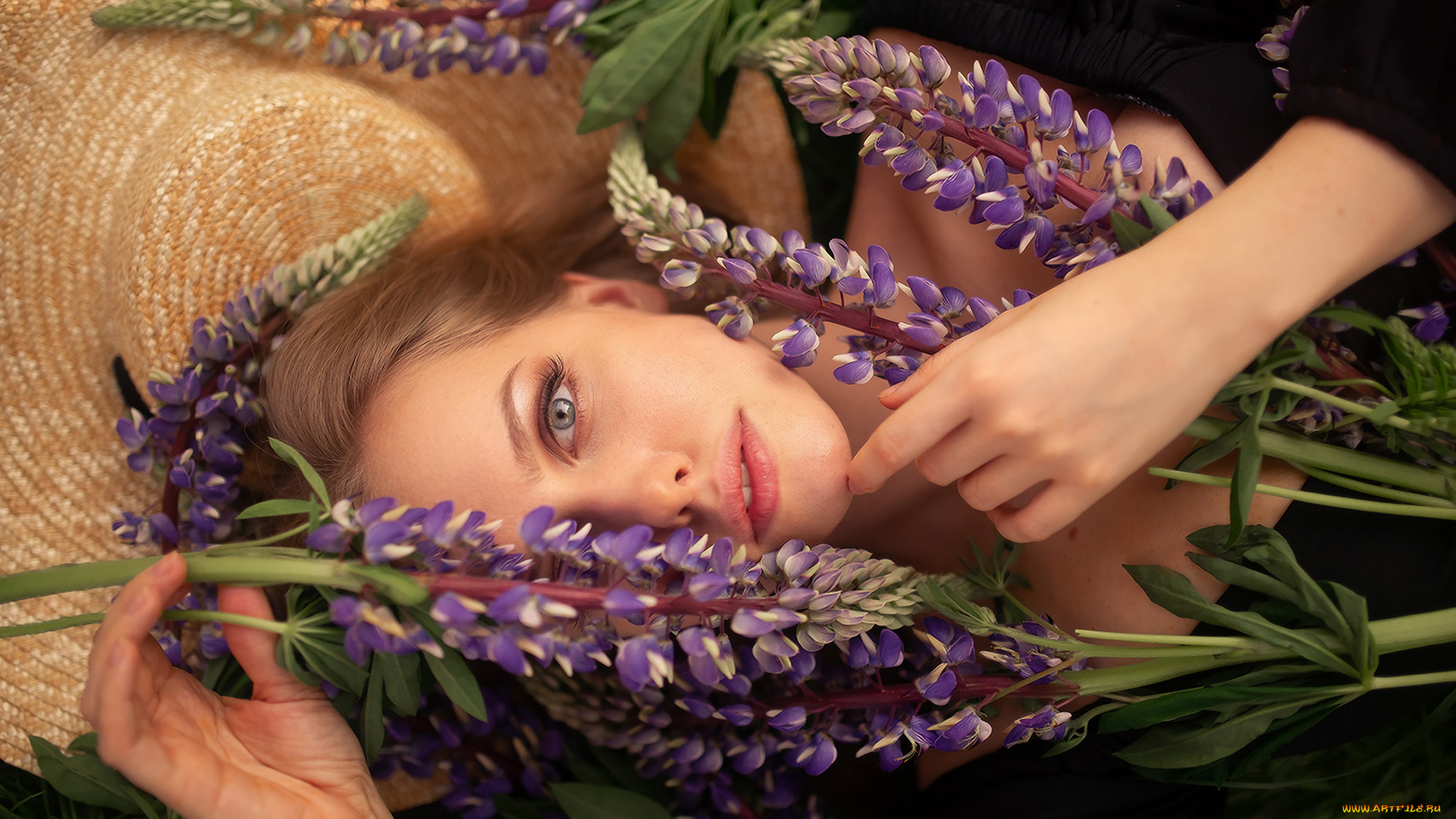 девушки, -, лица, , портреты, шляпа, люпин, девушка, поза