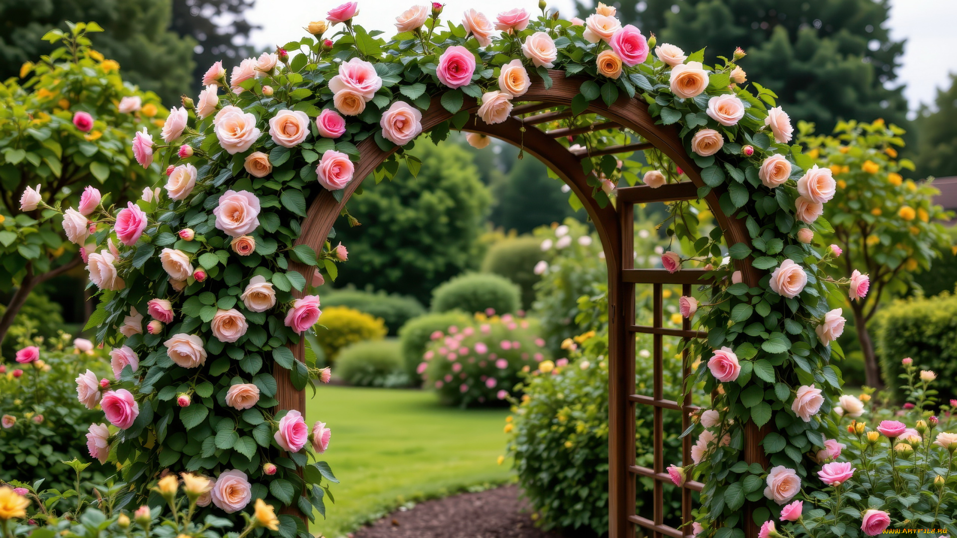 3д, графика, природа, , nature, парк, арка, розовые, розы