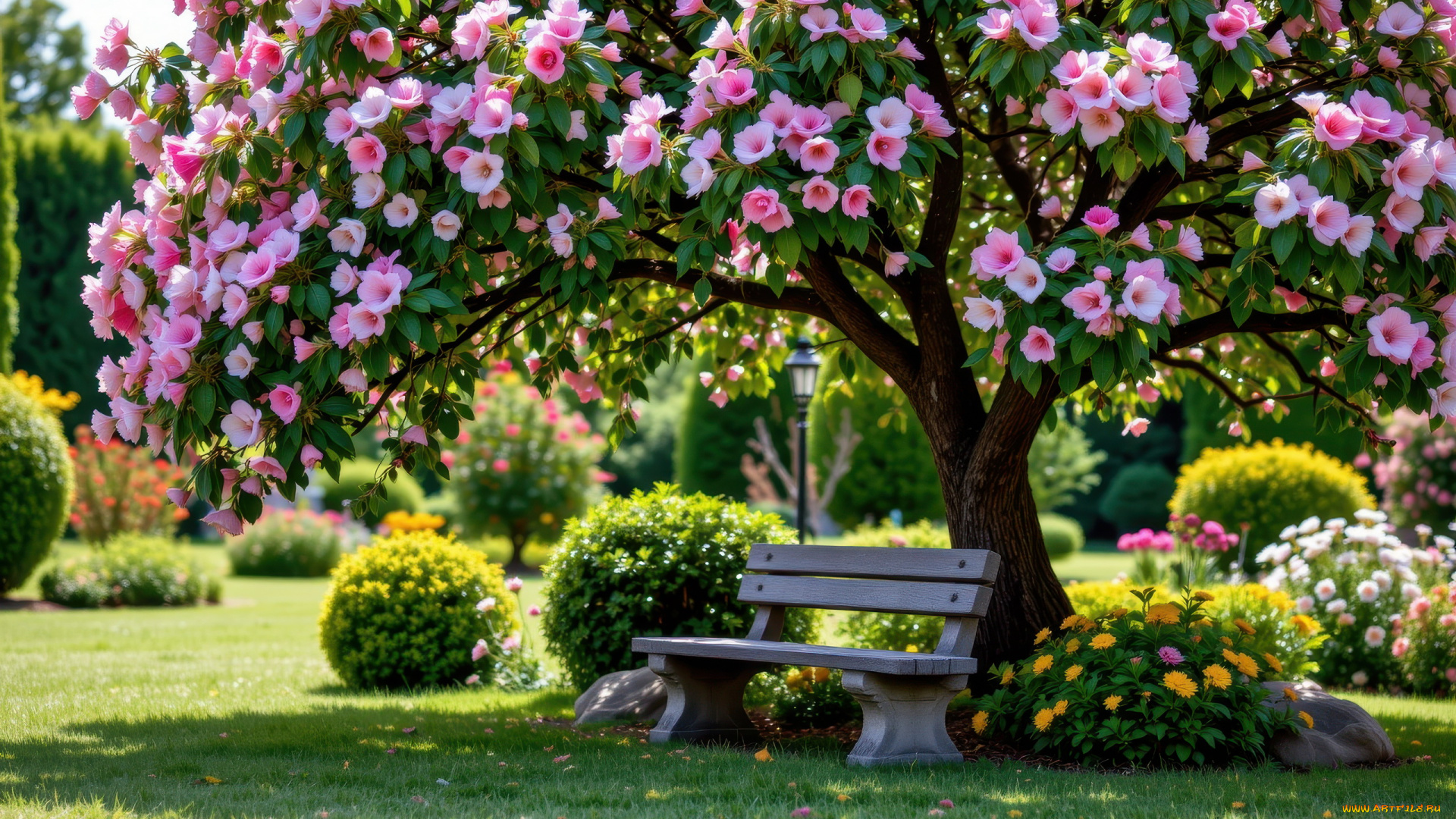 3д, графика, природа, , nature, парк, цветущее, дерево, скамейка