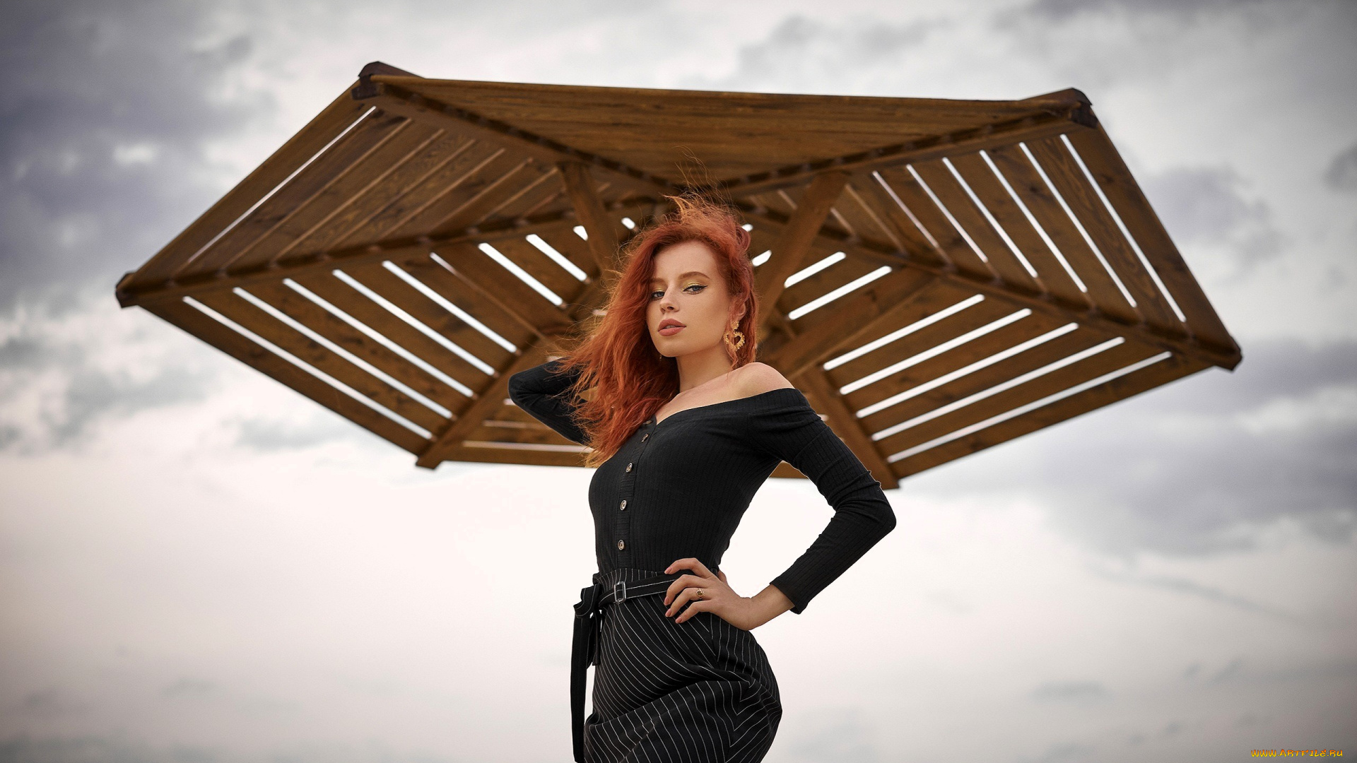 девушки, -, рыжеволосые, и, разноцветные, рыжая, свитер, юдка, зонт