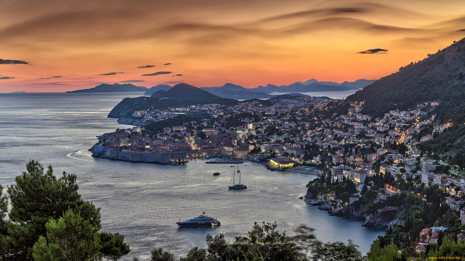 дубровник, города, дубровник, , хорватия, небо, закат, горы, море, город, огни, яхты