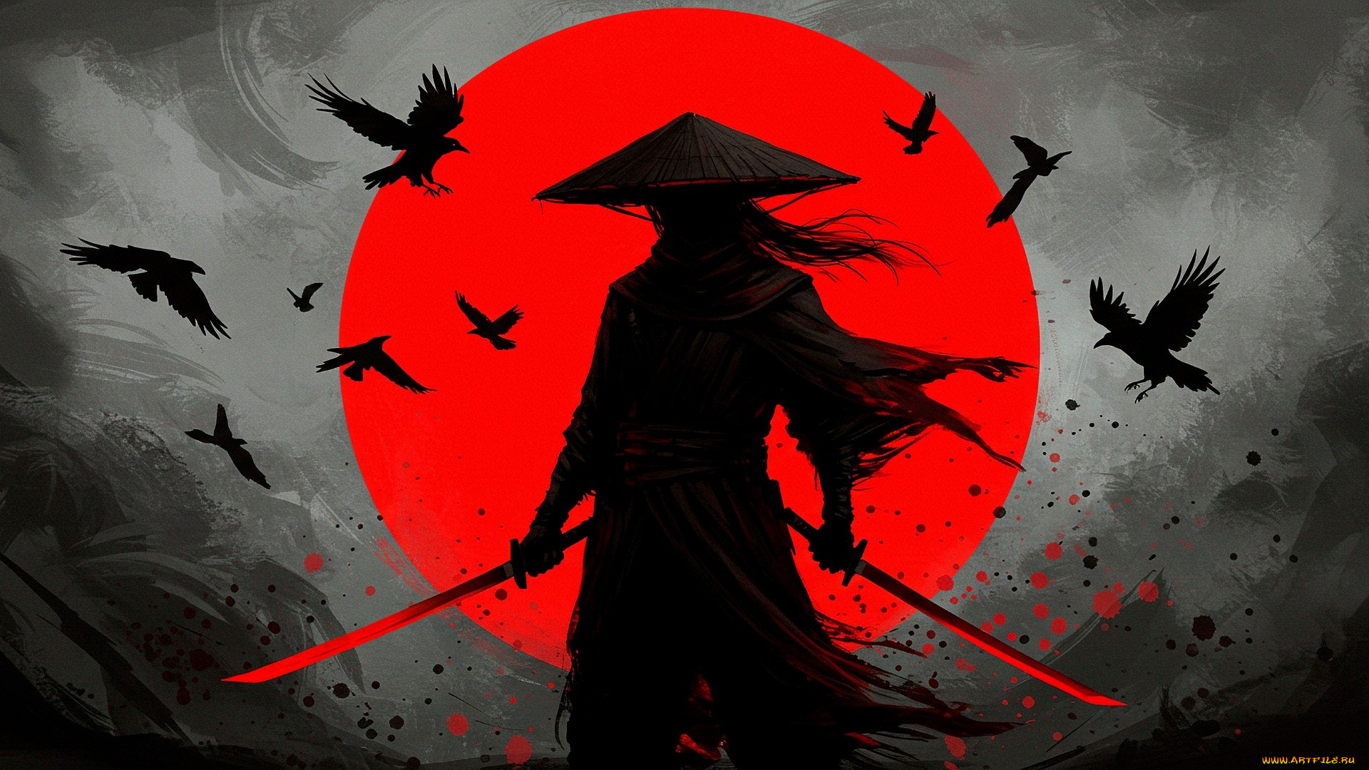 фэнтези, люди, самурай, шляпа, мечи, солнце, вороны
