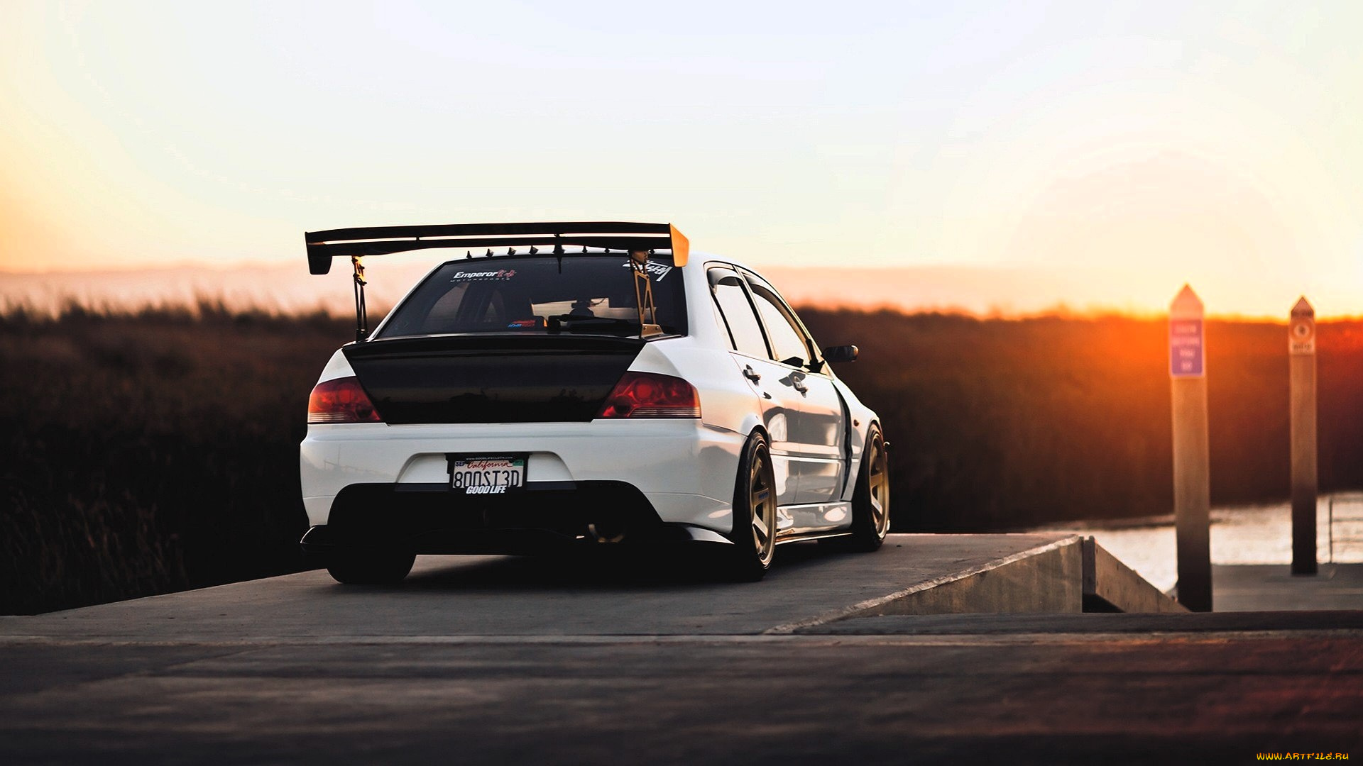 mitsubishi, lancer, evolution, автомобили, mitsubishi, белый, причал, река, закат