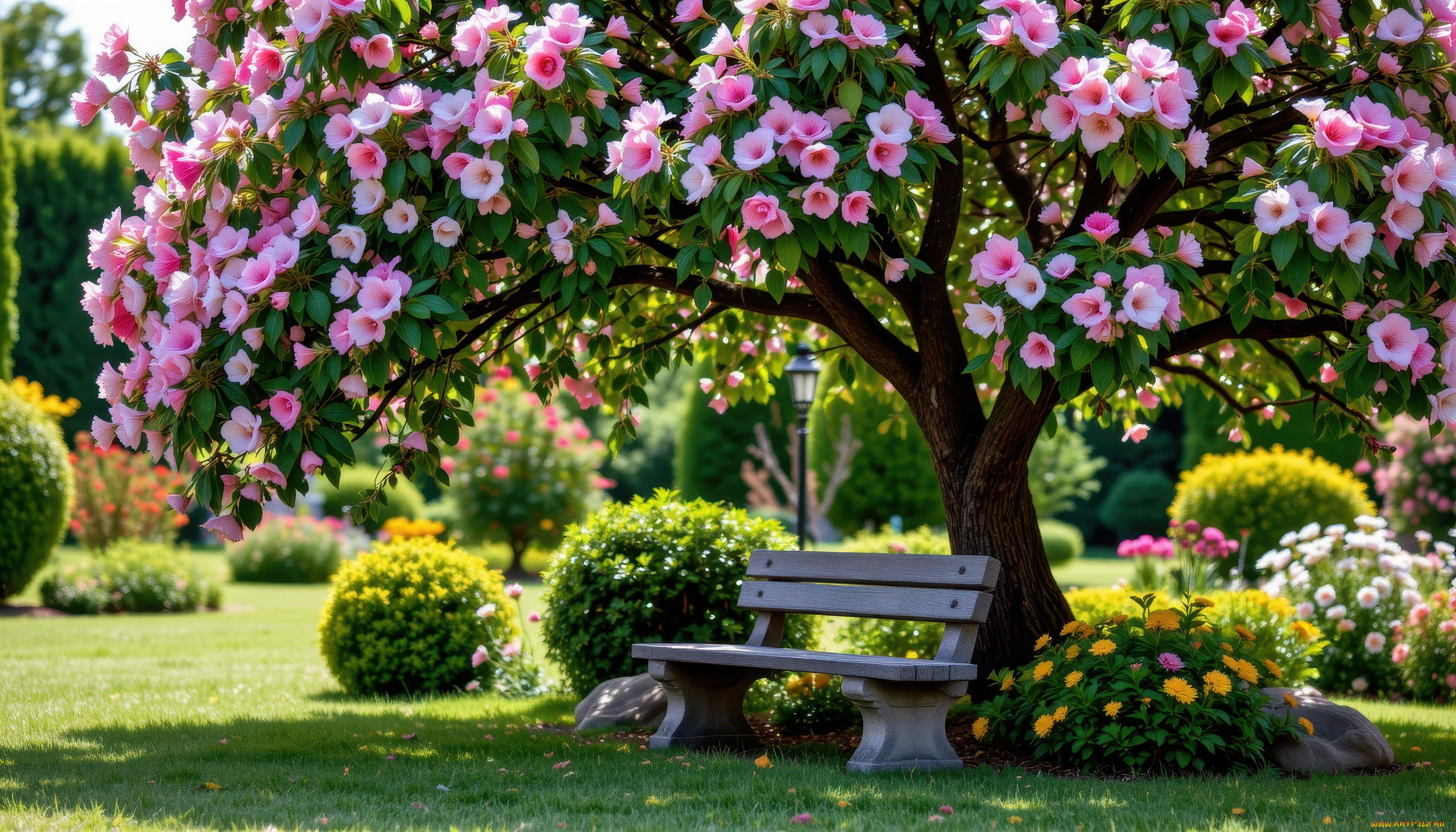 3д, графика, природа, , nature, парк, цветущее, дерево, скамейка