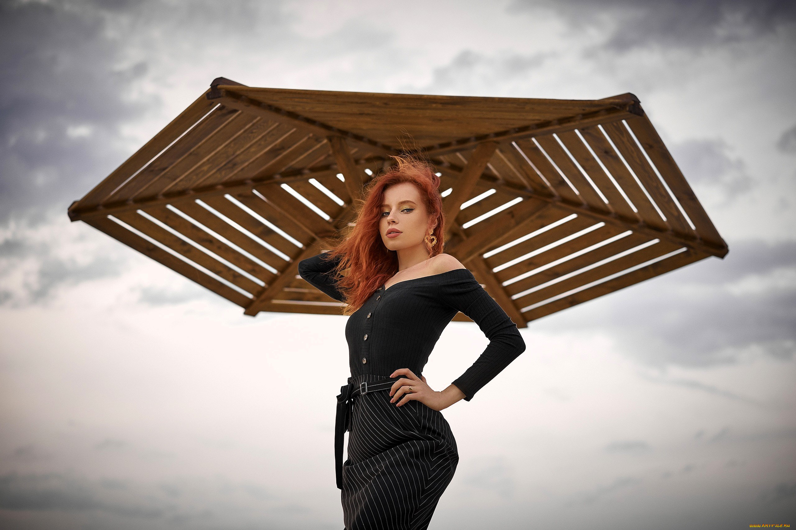 девушки, -, рыжеволосые, и, разноцветные, рыжая, свитер, юдка, зонт