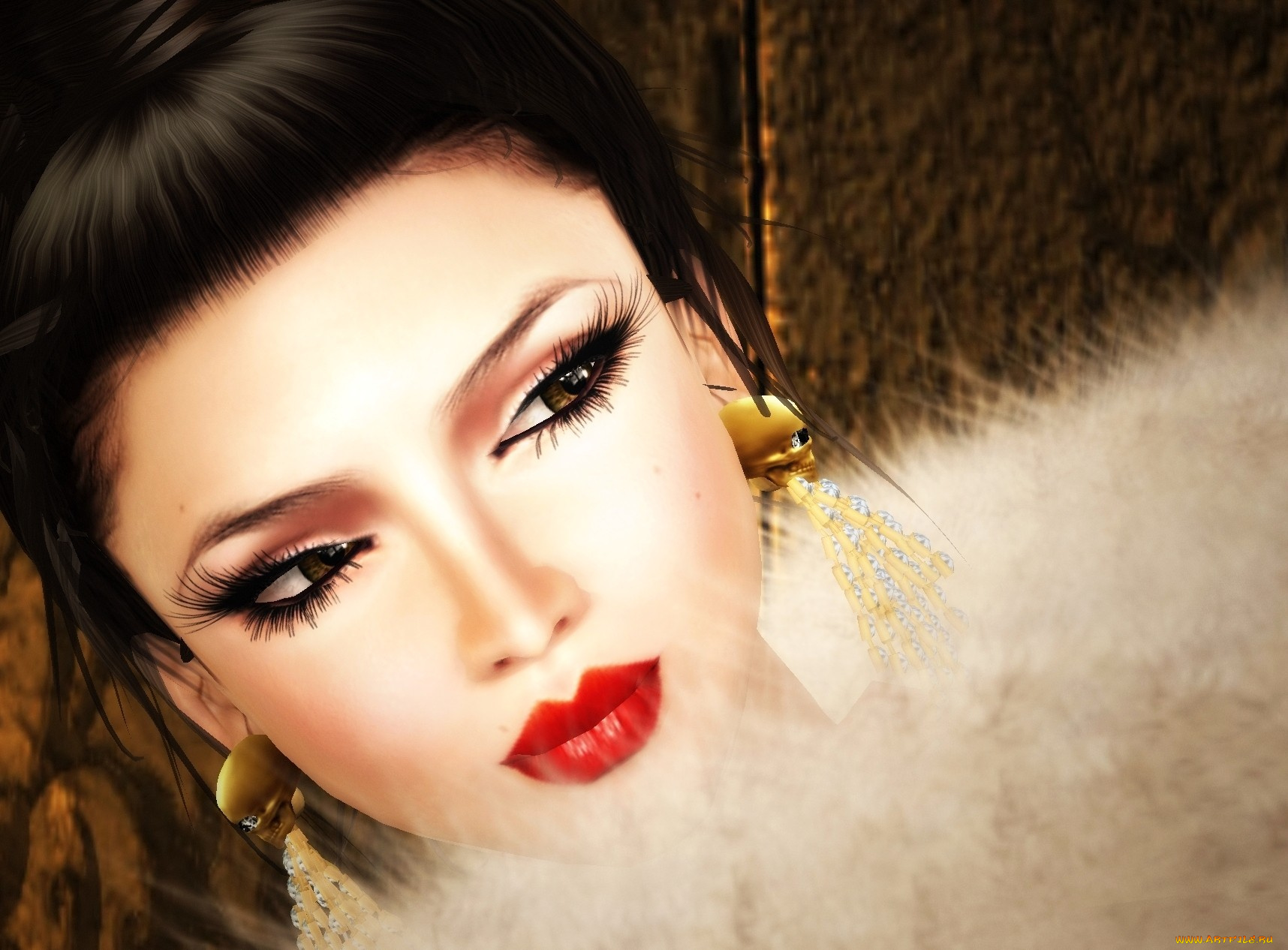 3д, графика, portraits, портрет, азиатка, серьги, мех