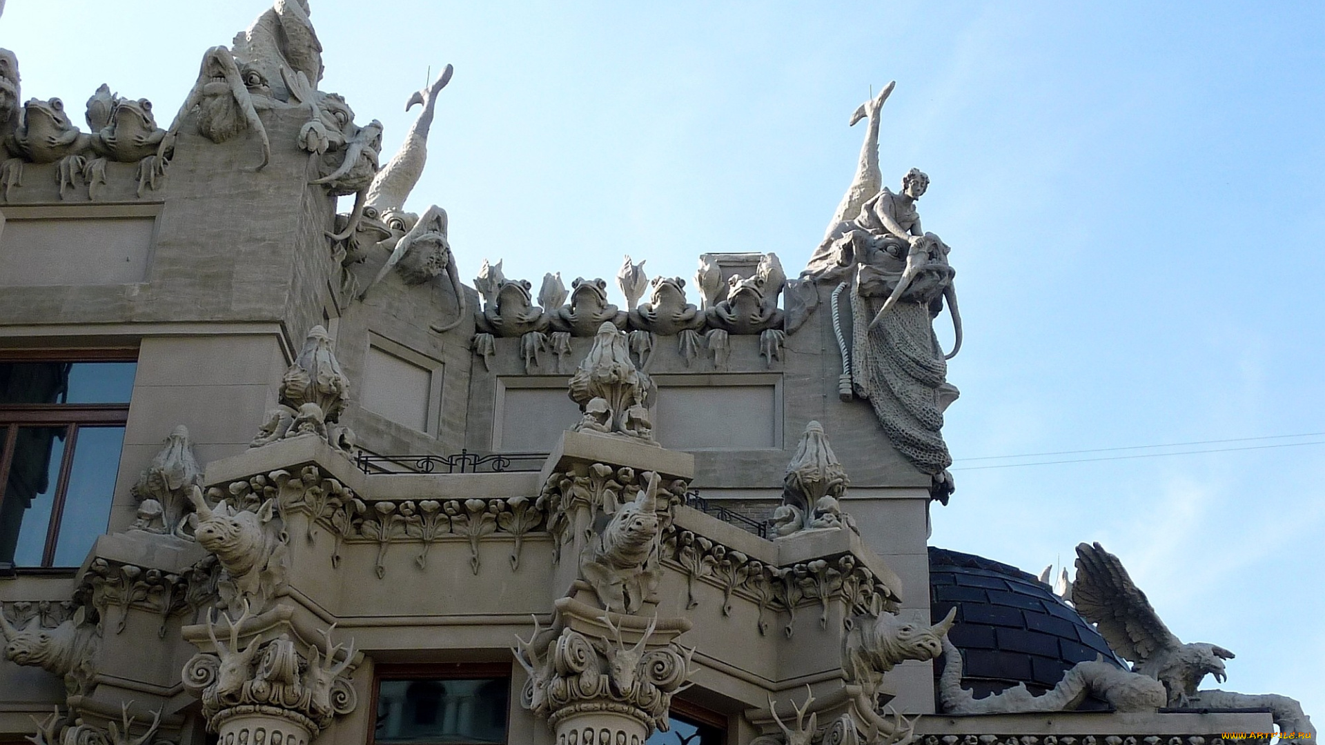 дом, химерами, киев, города, украина, лепнина, существа, животные