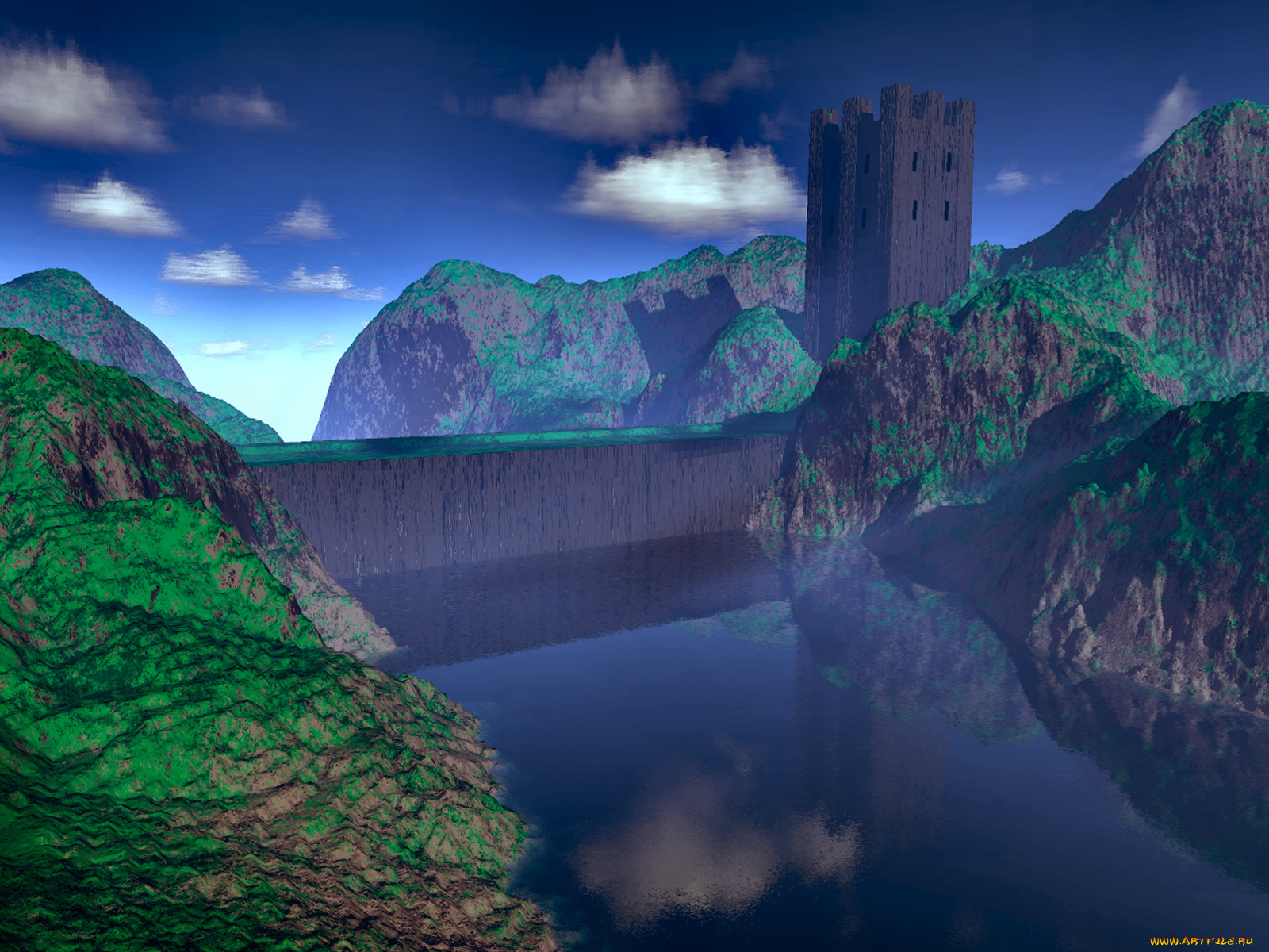 3д, графика, nature, landscape, природа, дамба, река, горы