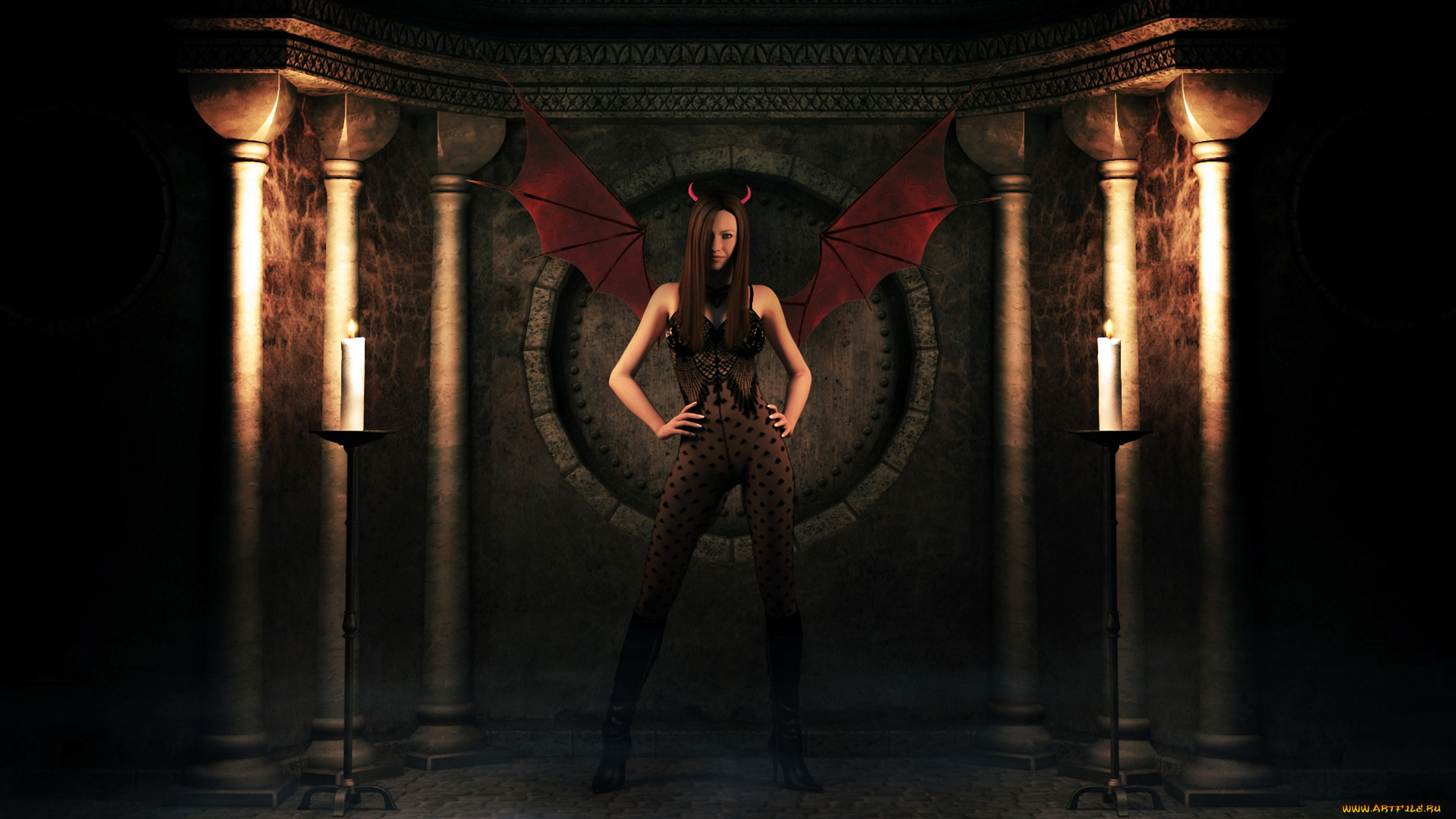 3д, графика, fantasy, фантазия, крылья, демон, костюм, рожки, свечи, тени, девушка