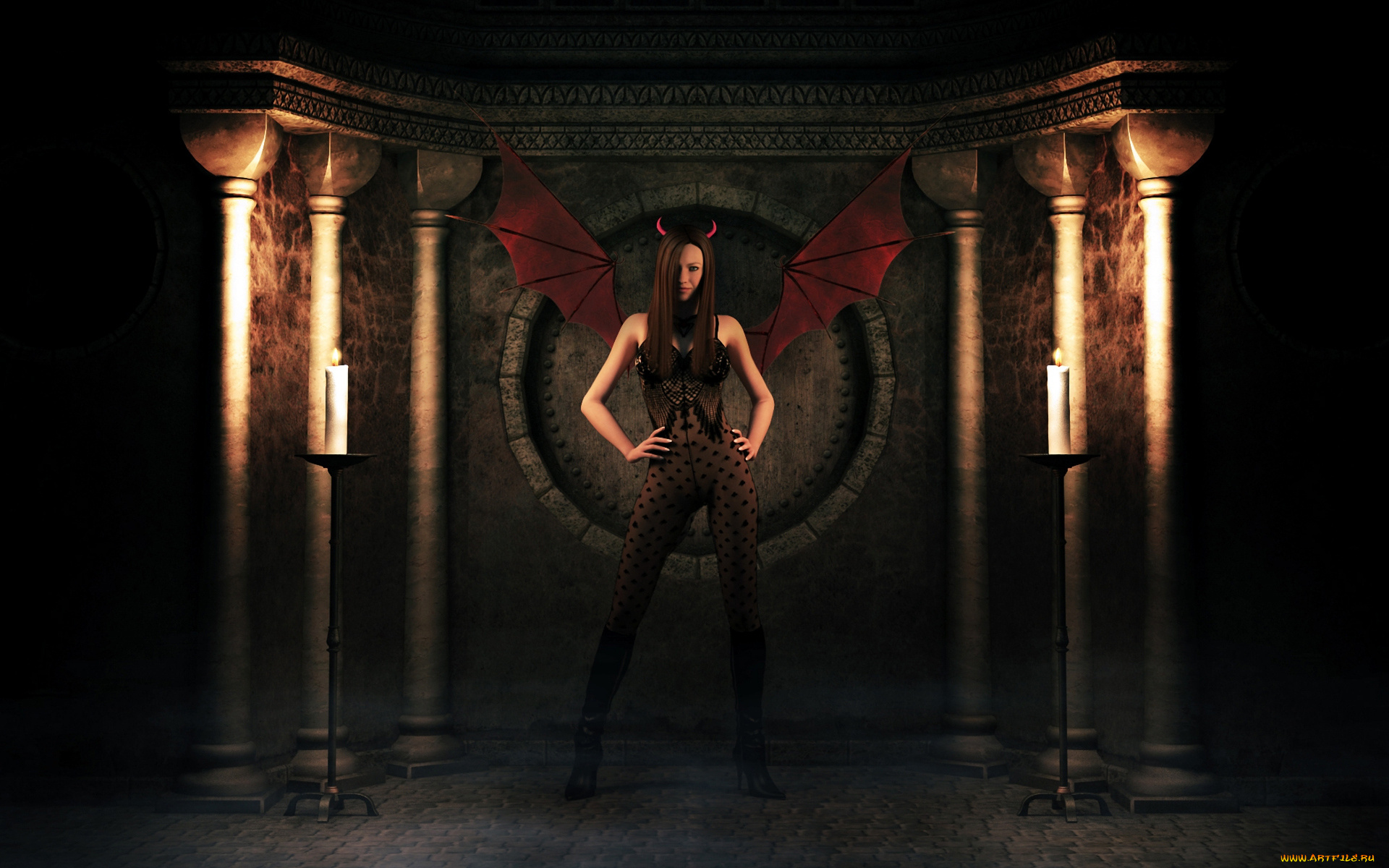 3д, графика, fantasy, фантазия, крылья, демон, костюм, рожки, свечи, тени, девушка