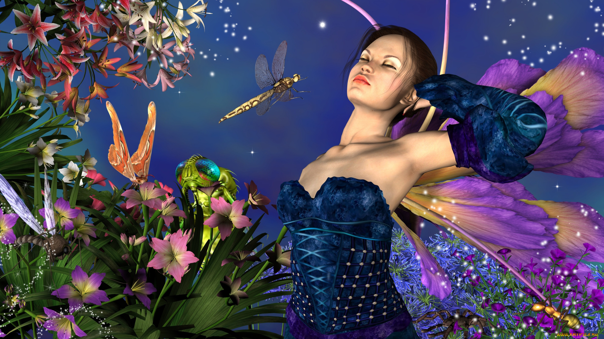 3д, графика, люди, , people, девушка, взгляд, цветы