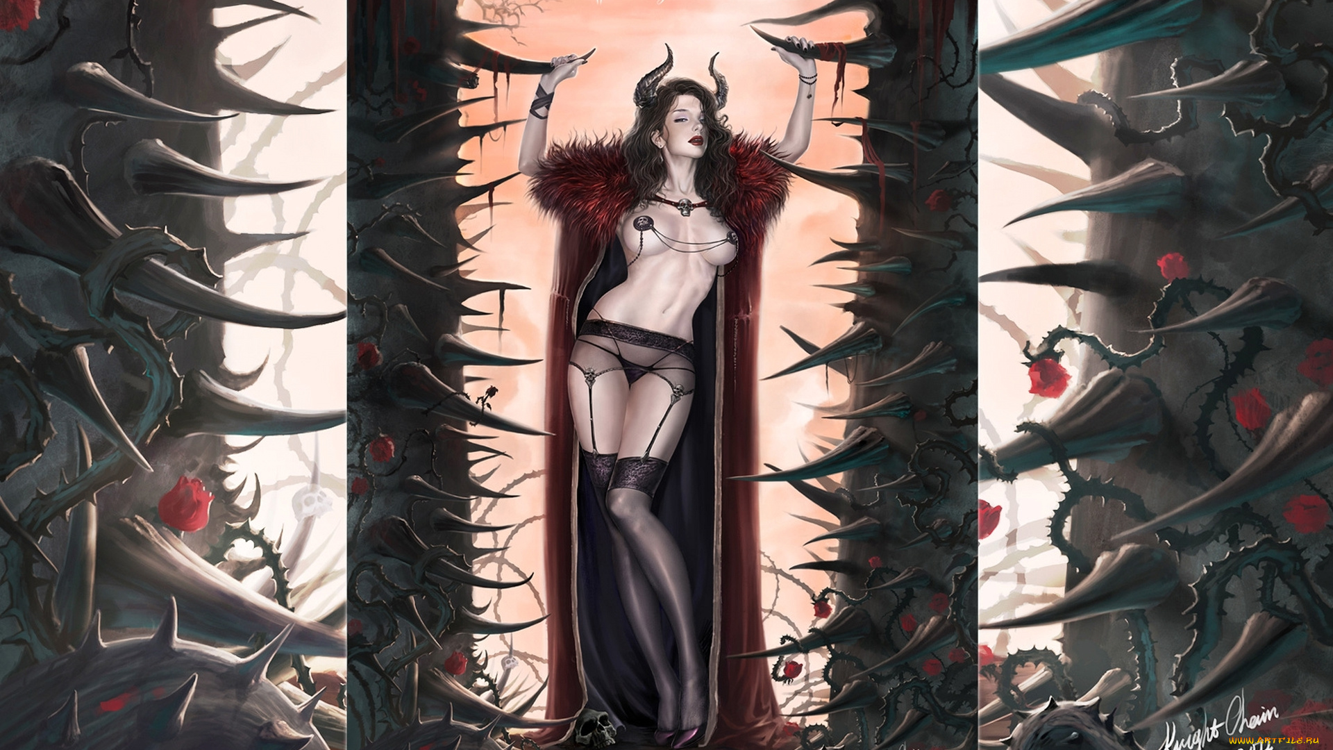 фэнтези, демоны, плющ, ядовитый, рога, девушка, демон