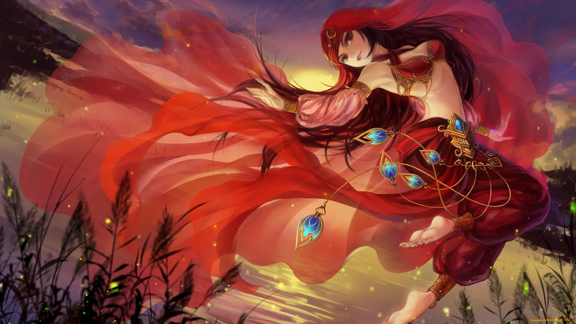 фэнтези, девушки, облака, небо, девушка, арт, закат, светлячки