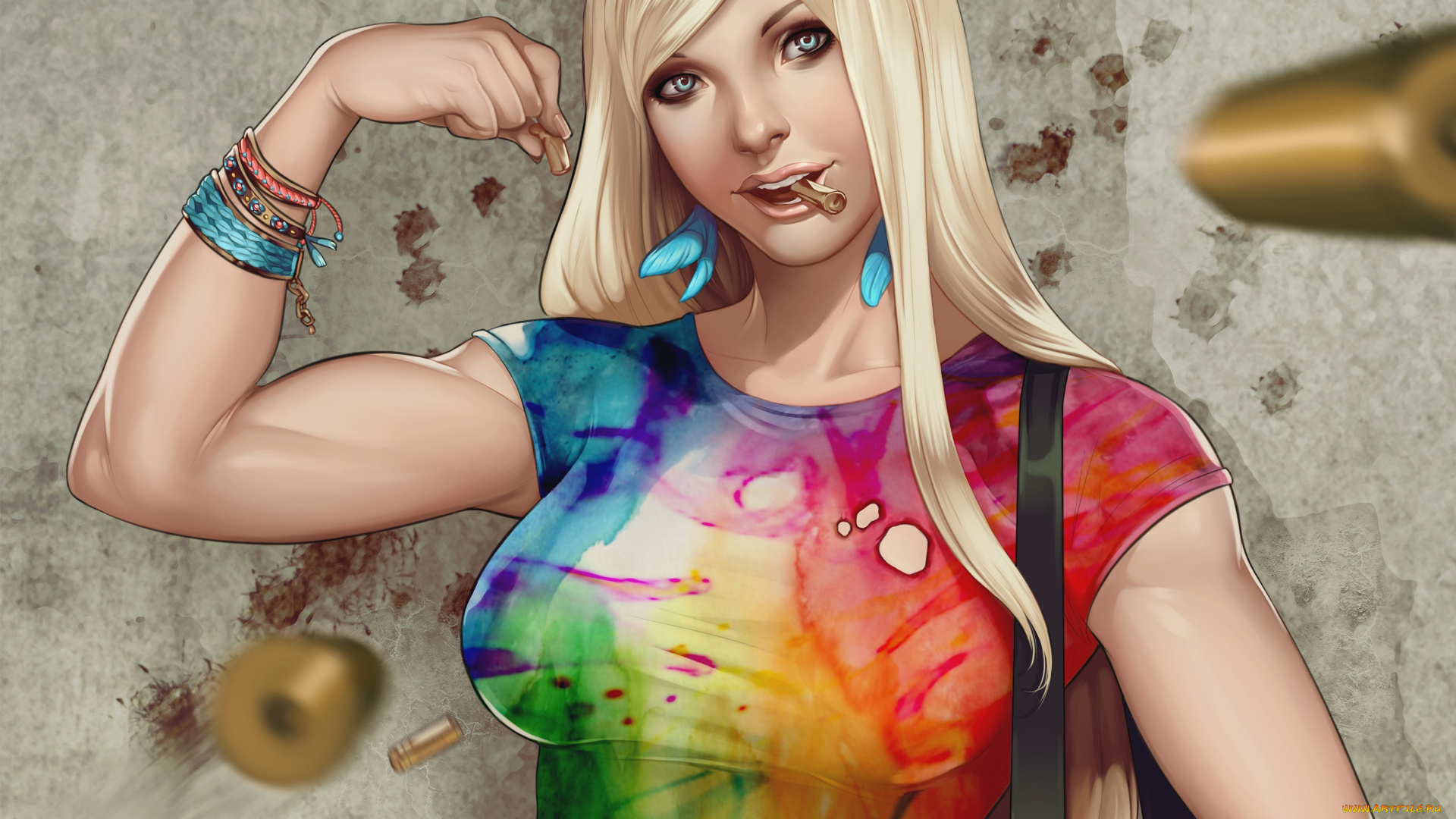 рисованные, люди, перья, браслеты, блондинка, мускулы, футболка, стена, гильзы, девушка, supergirl