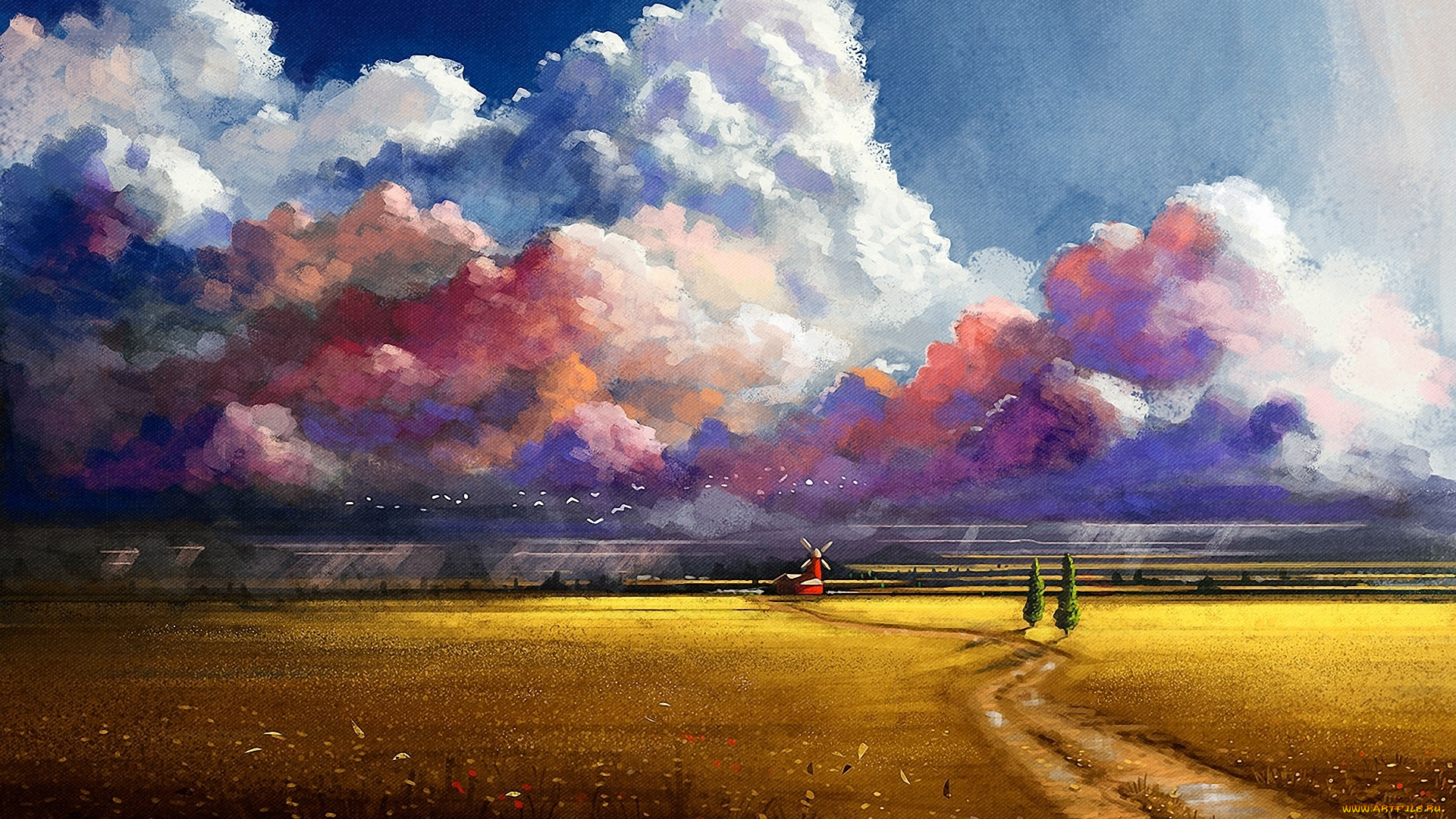 рисованные, живопись, облака