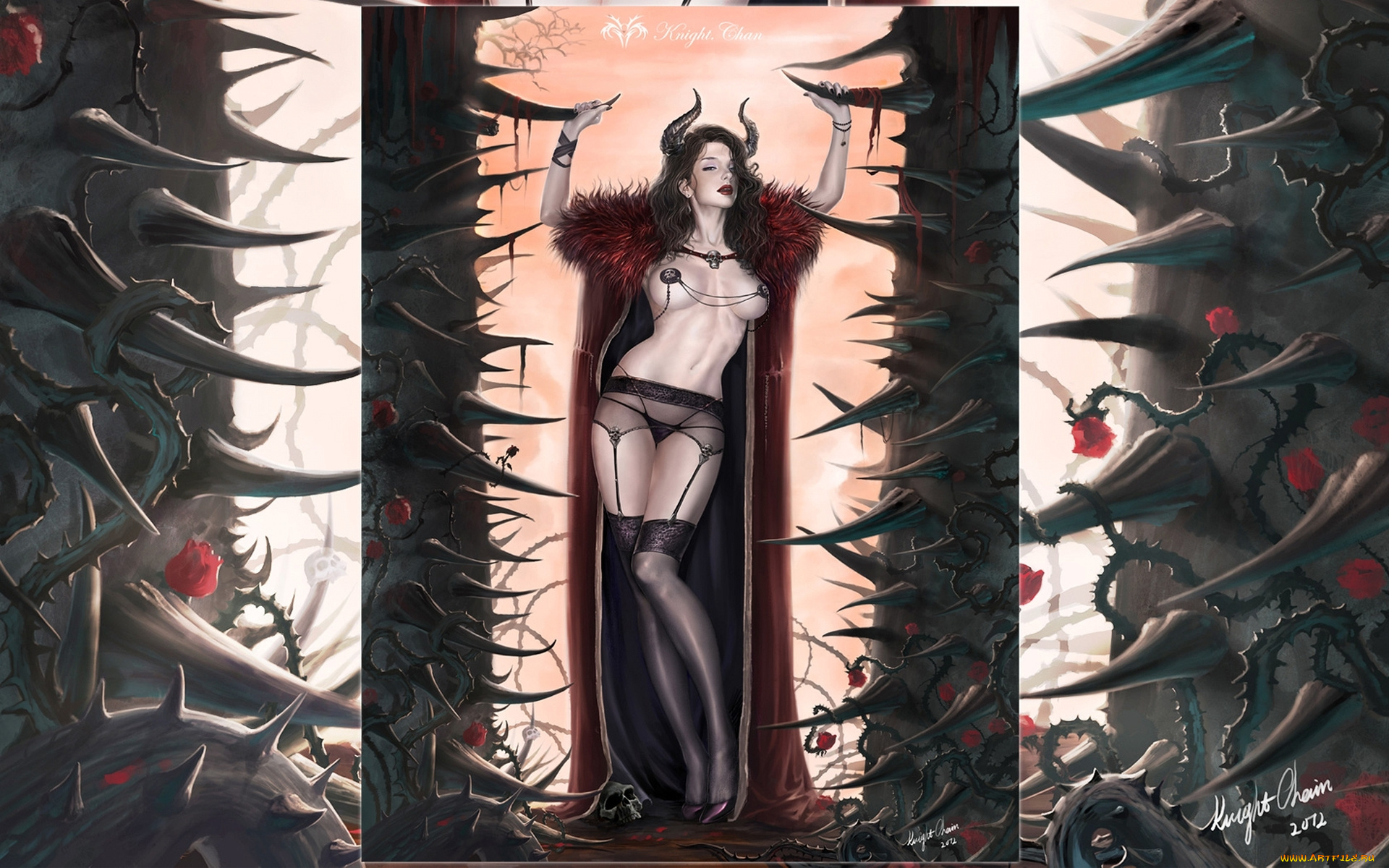 фэнтези, демоны, плющ, ядовитый, рога, девушка, демон