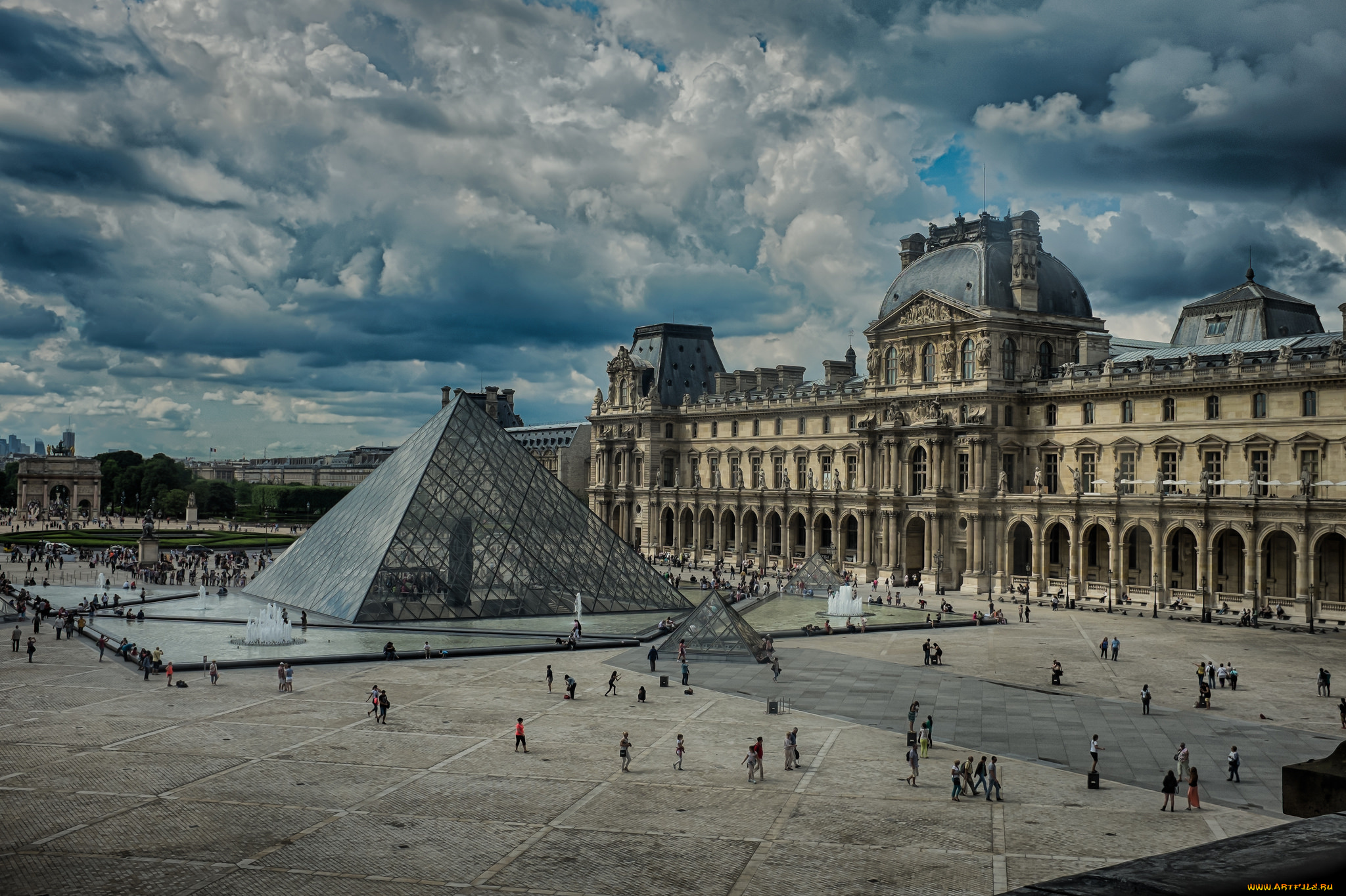 louvre, города, париж, , франция, пирамида, дворец, площадь