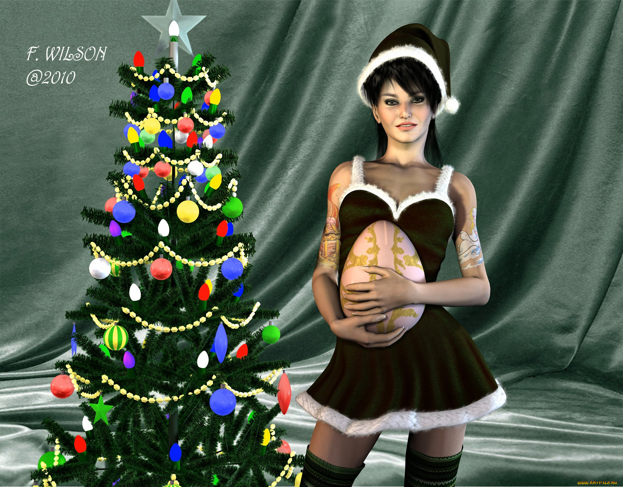 3д, графика, праздники, , holidays, девушка, взгляд, елка