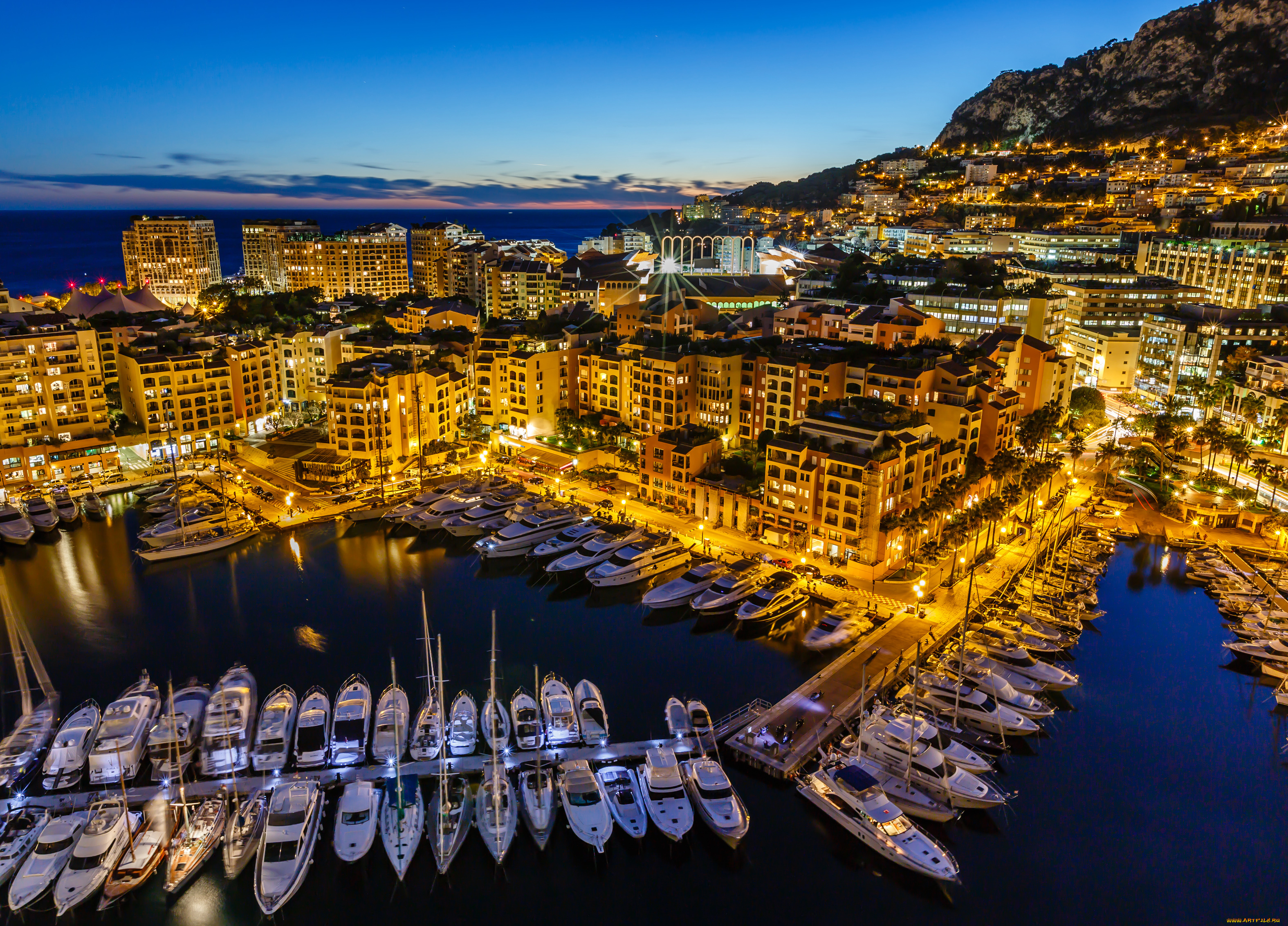 fontvieille, , monaco, города, фонвьей, , монако, гавань, бухта, панорама, набережная, причалы, порт, катера, monaco, фонвьей, яхты, ночной, город, здания