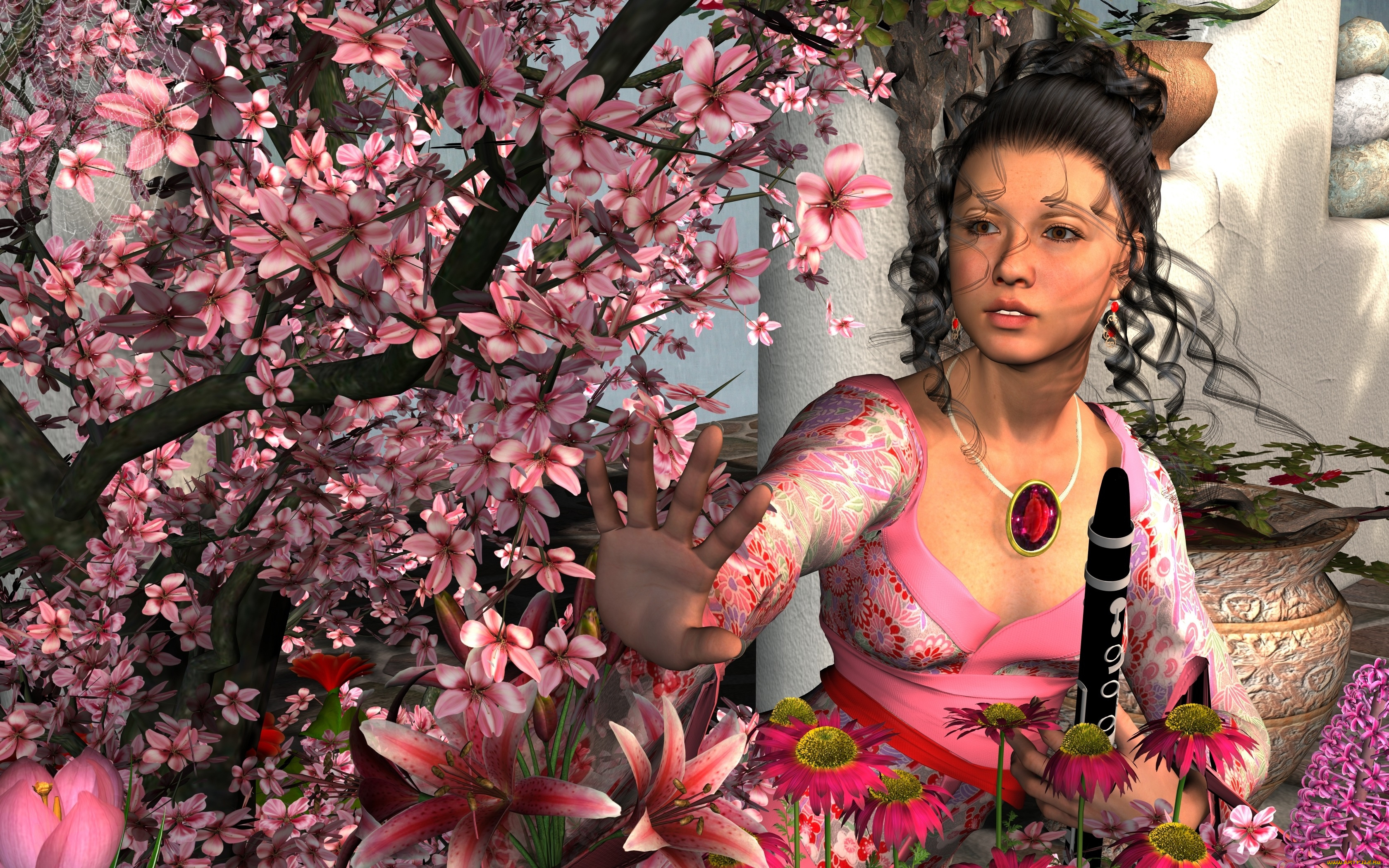 3д, графика, люди, , people, девушка, взгляд, цветы