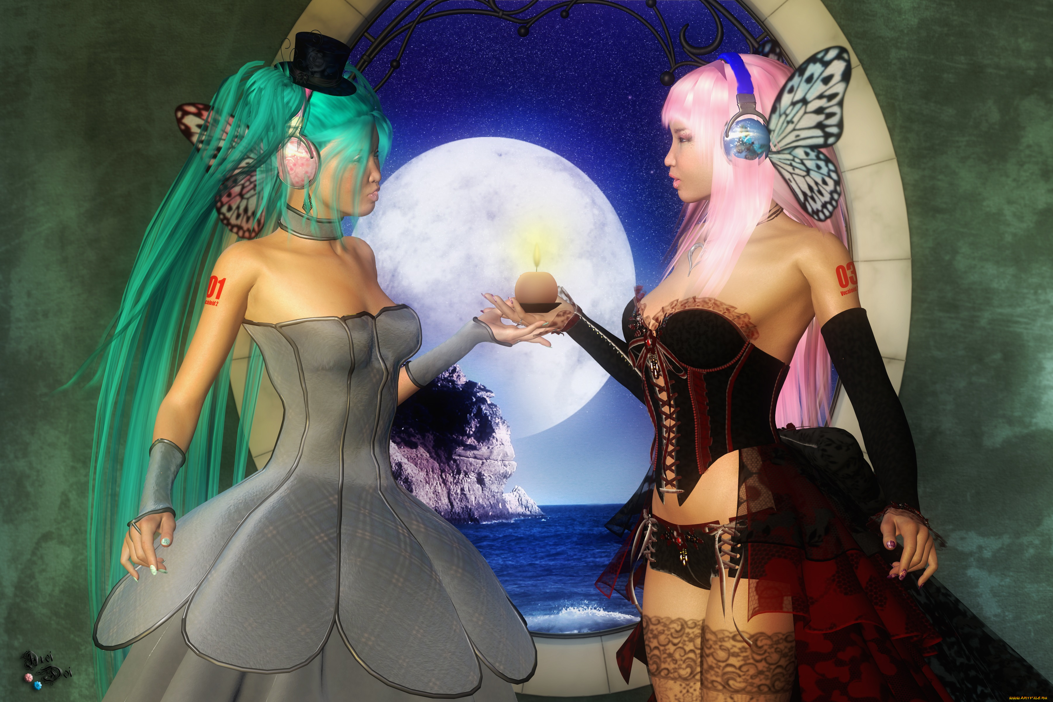 3д, графика, аниме, , anime, девушки, взгляд, луна