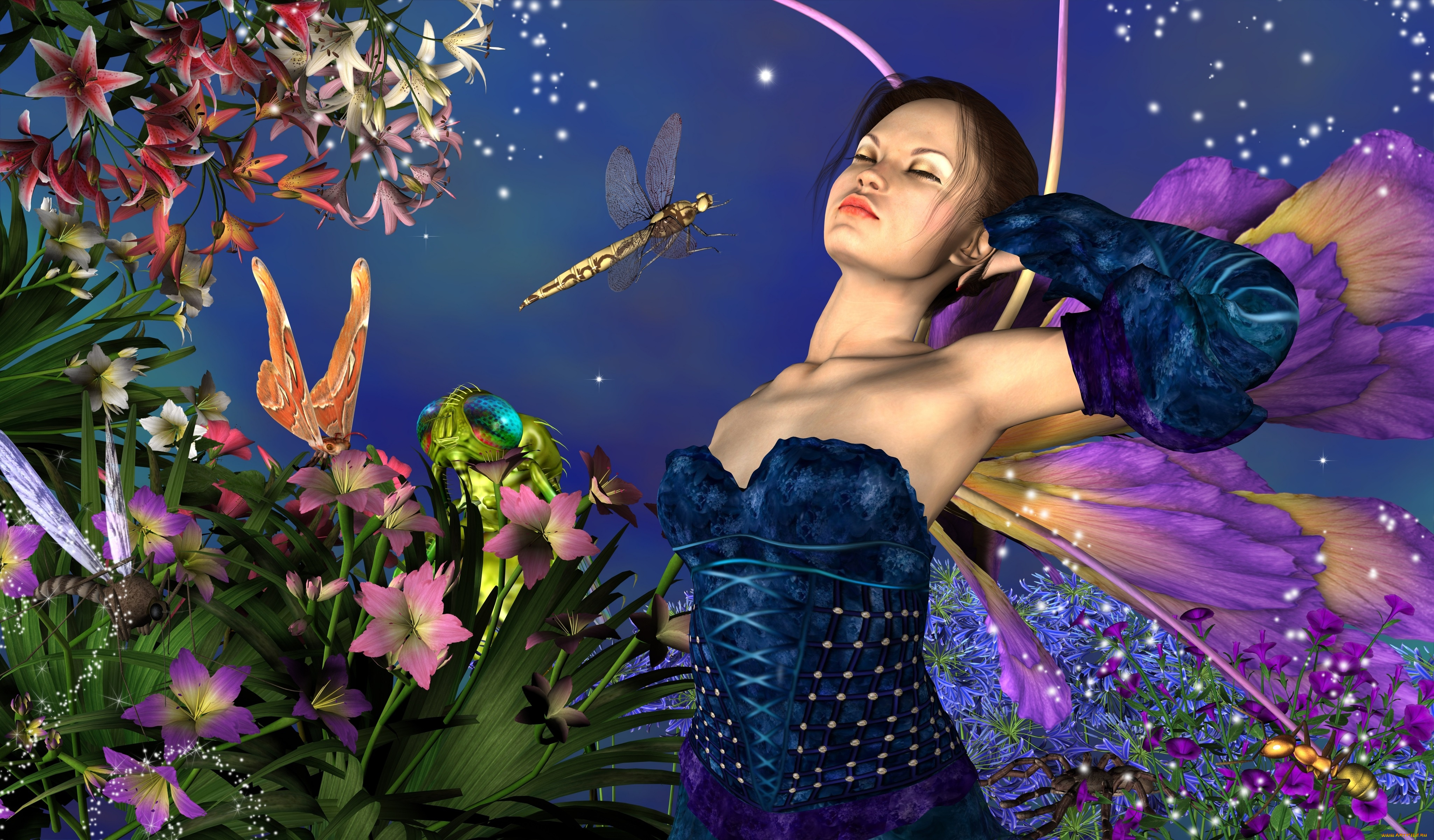 3д, графика, люди, , people, девушка, взгляд, цветы