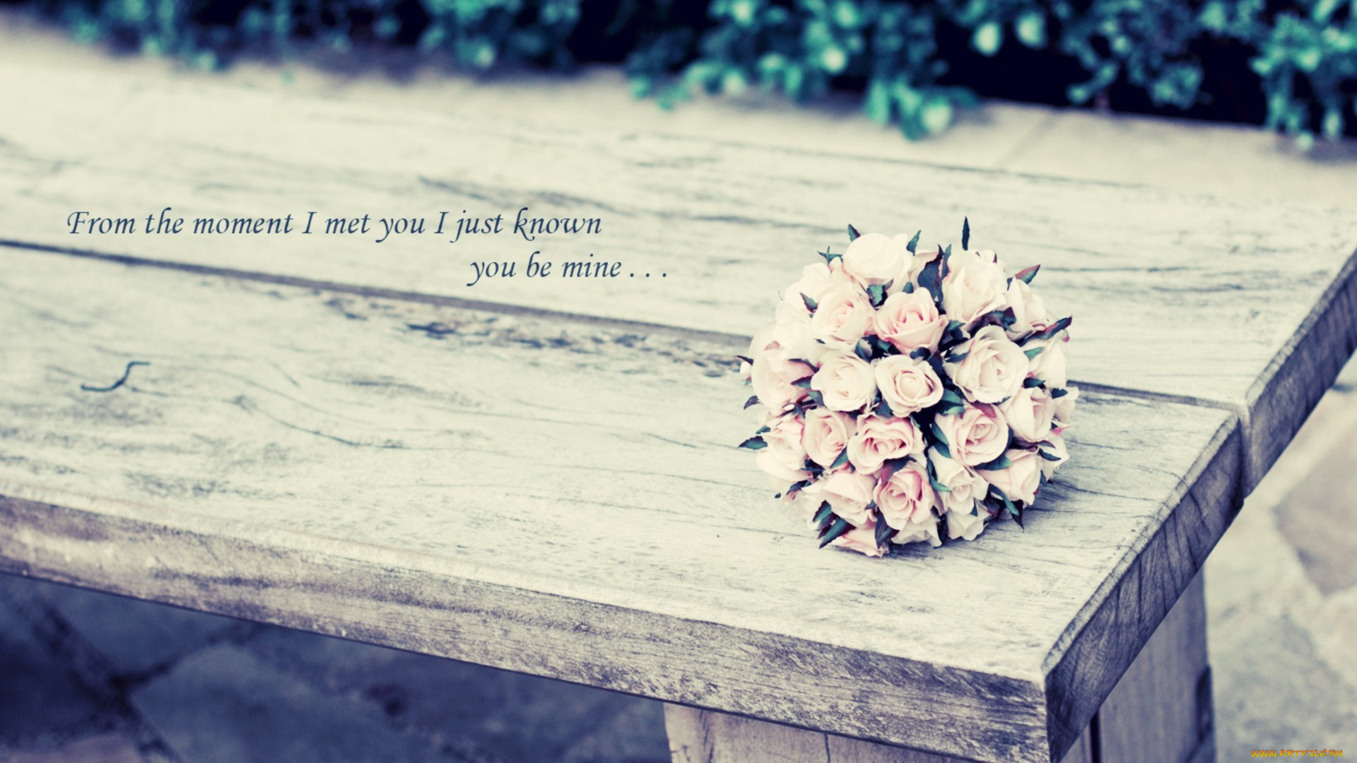 цветы, розы, слова, скамейка, лавка, букет