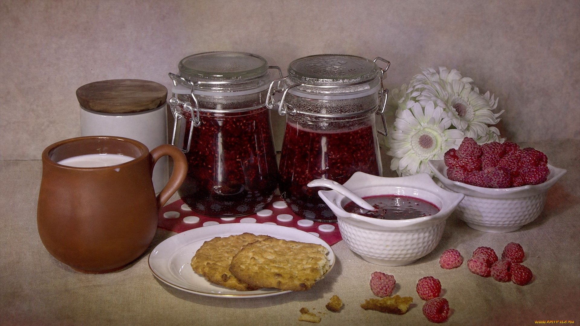 еда, мёд, , варенье, , повидло, , джем, варенье, посуда, молоко, натюрморт, печенье, малина, цветы, гербера