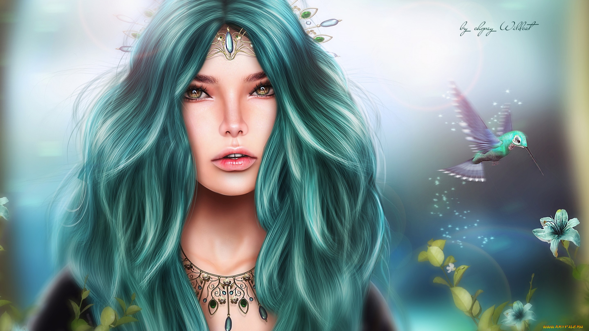 фэнтези, девушки, украшения, колибри, птицы, взгляд, девушка