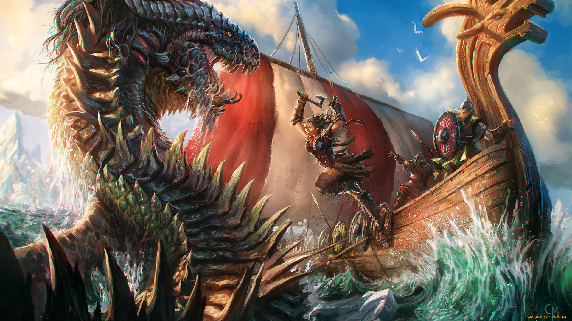 фэнтези, драконы, корабль, монстр, воительница, прыжок