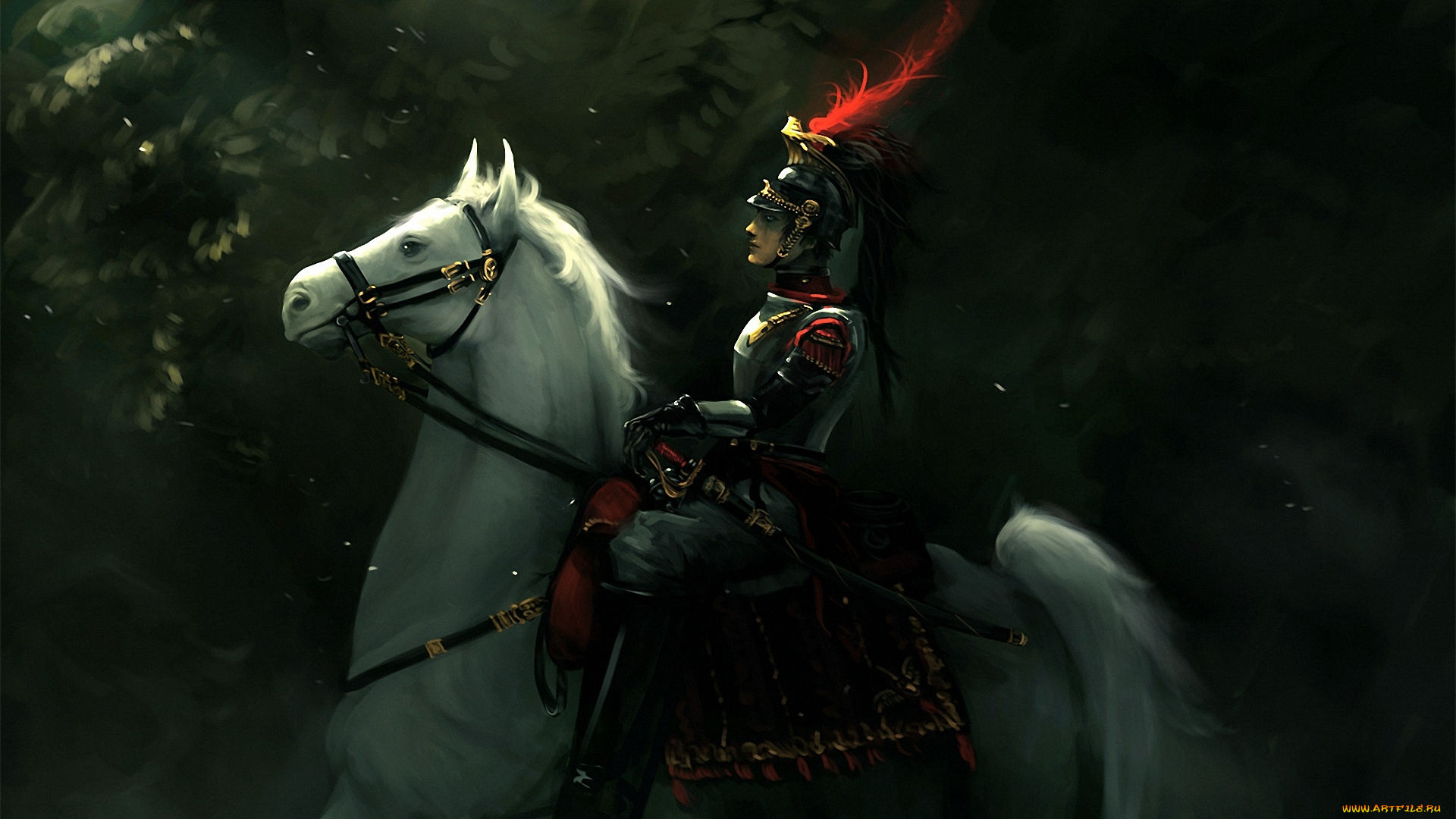 фэнтези, люди, арт, лошадь, всадник, солдат, ветки, кокарда, меч