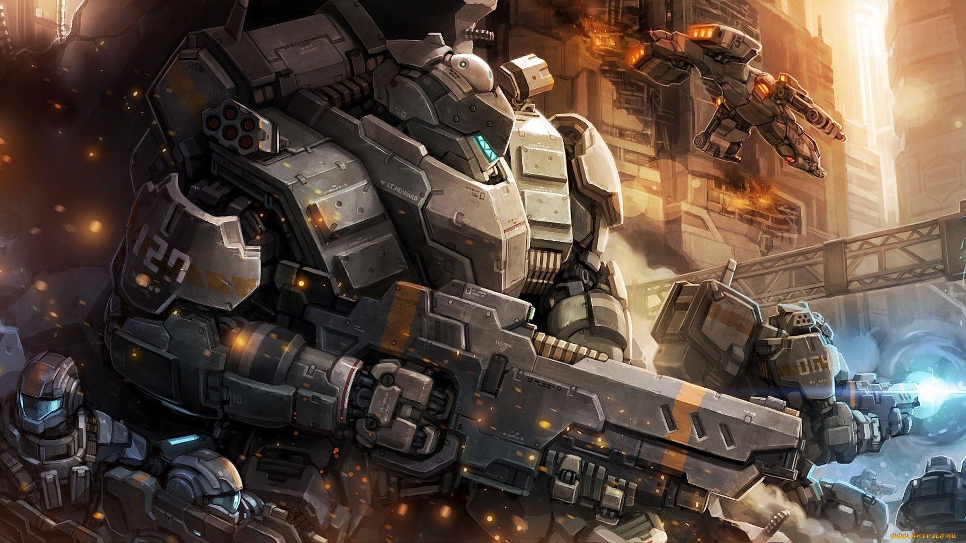 фэнтези, роботы, , киборги, , механизмы, бойцы, война, оружие, арт, man, fight, battlefield, city, war, robot, mecha