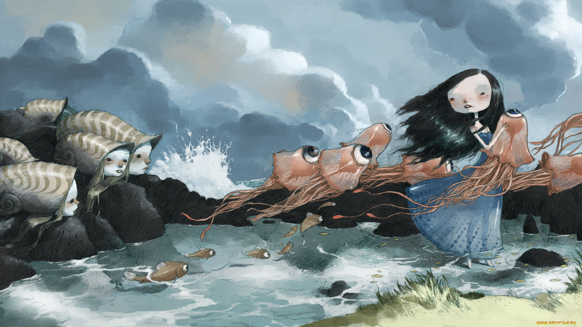 фэнтези, существа, арт, девочка, ветер, море, рыбы, медузы, фантазия