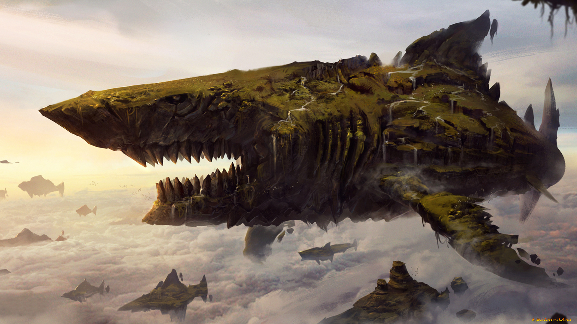 фэнтези, существа, летит, зубы, арт, облака, небо, акула, полёт