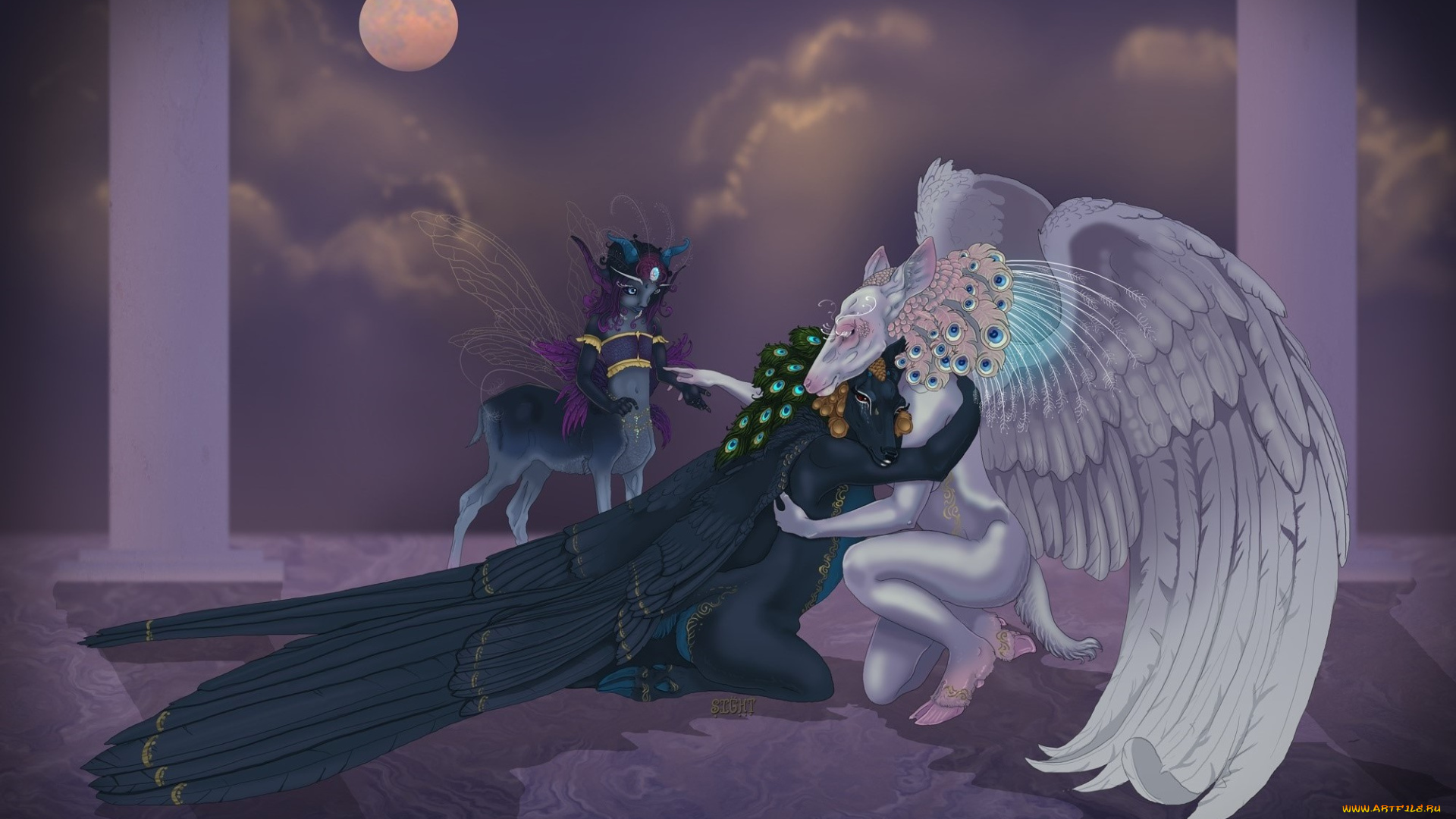 фэнтези, существа, животные, ангелы, мифические, луна