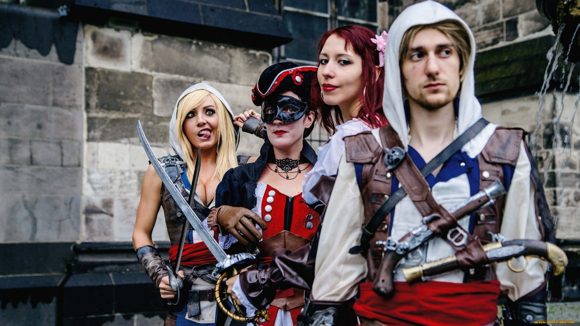 разное, маски, , карнавальные, костюмы, jessica, nigri, swords, antique, firearms, dress, assassin's, creed, cosplay, blonde, women, men, pose