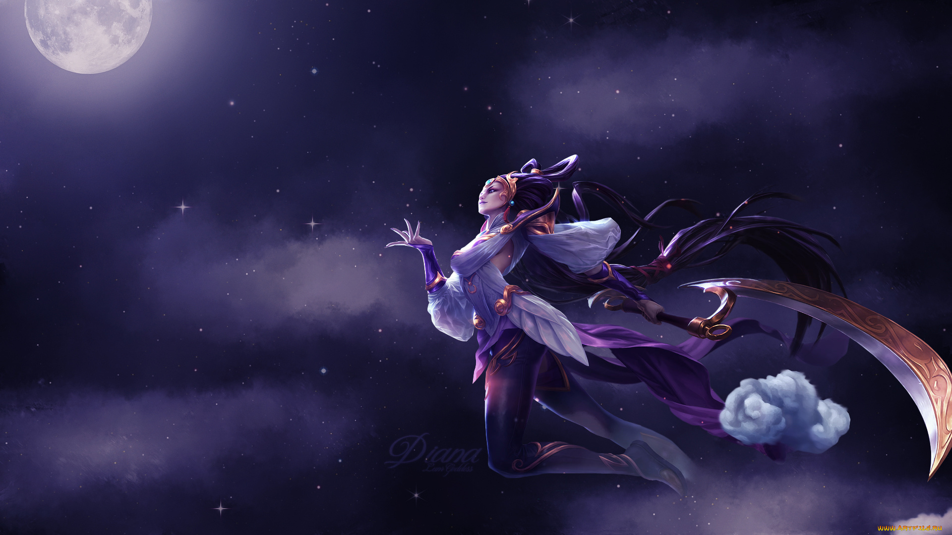 видео, игры, league, of, legends, девушка, взгляд, фон, оружие, полет, луна, звезды, diana