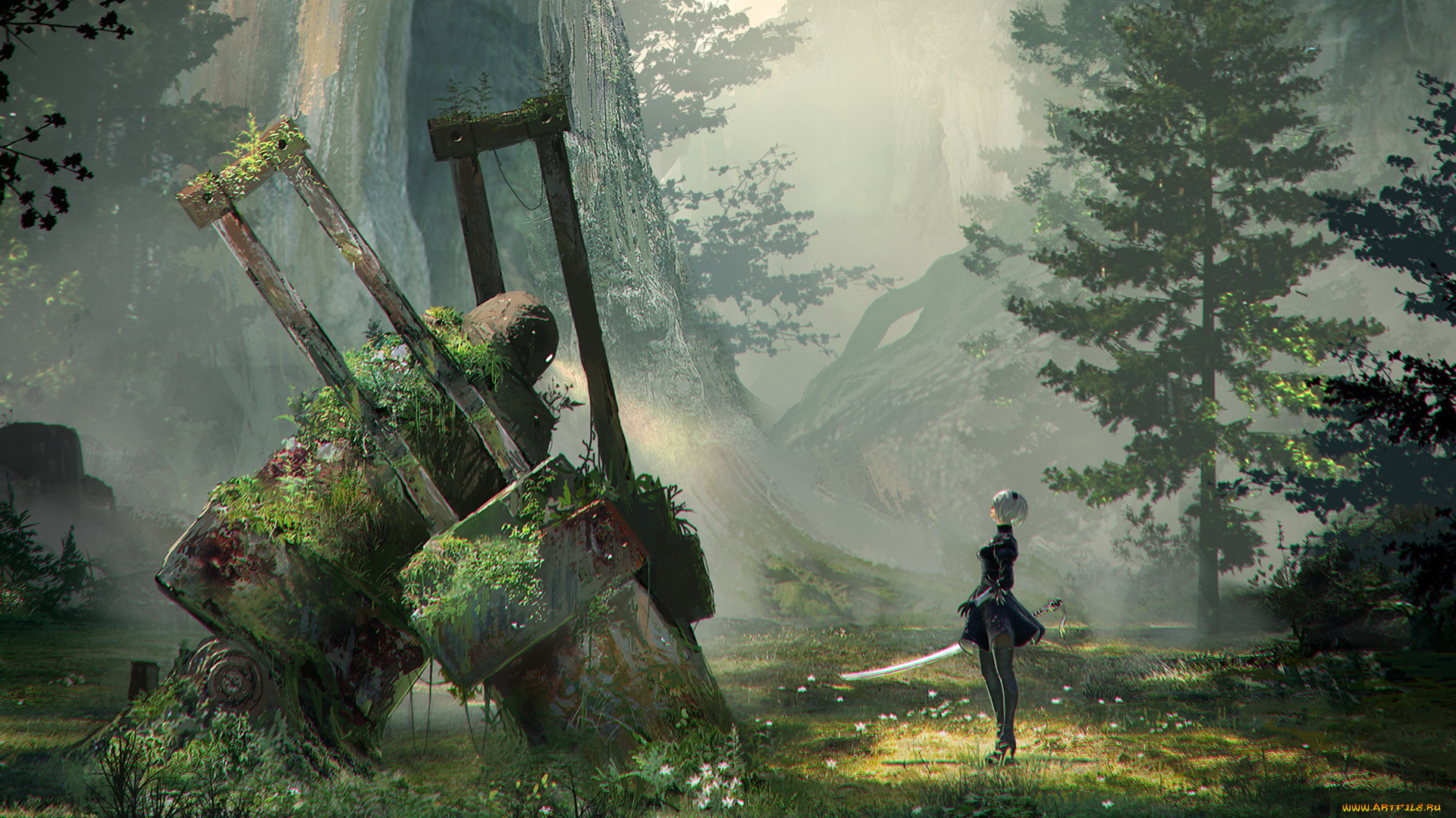 видео, игры, nier, девушка, робот, заросли, заброшенность, горы, меч